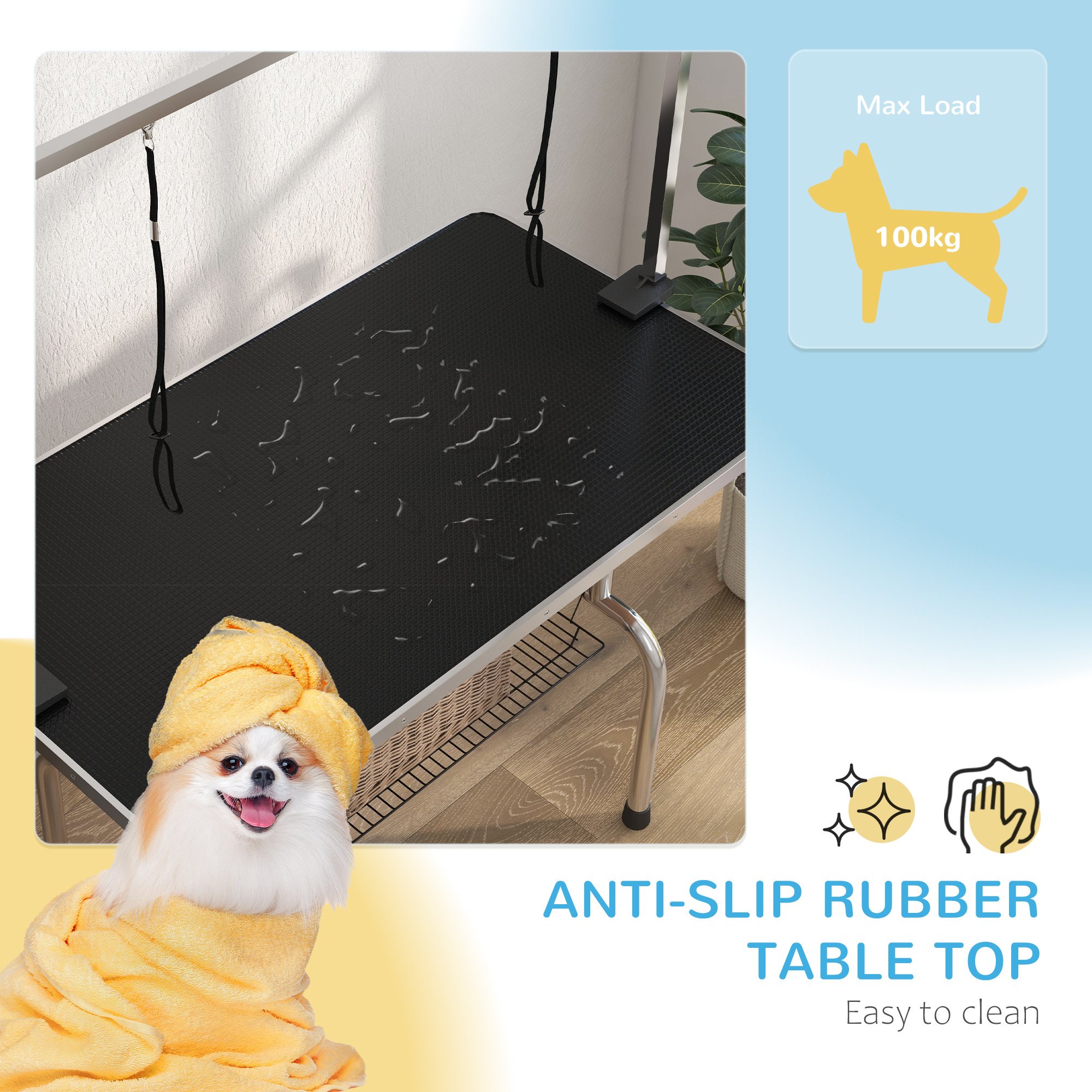 PawHut 42" Dog Grooming Table, Adjustable Pet Cat Drying Beauty Table with 2 Loops Storage Basket, Rubber Top, Black - Image 5