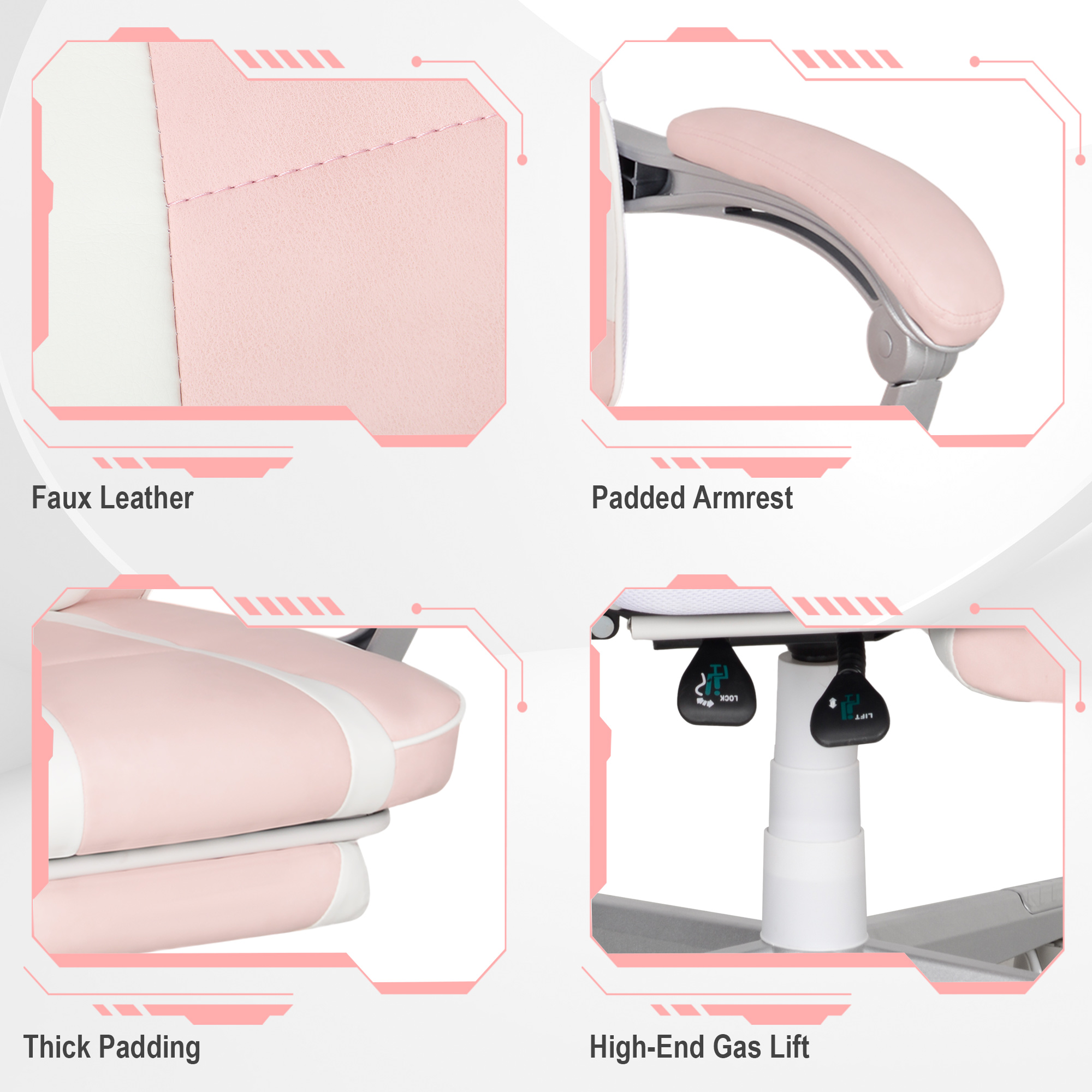 HOMCOM Faux Leather Reclining Gaming Chair, with Footrest - Pink/White - Image 7