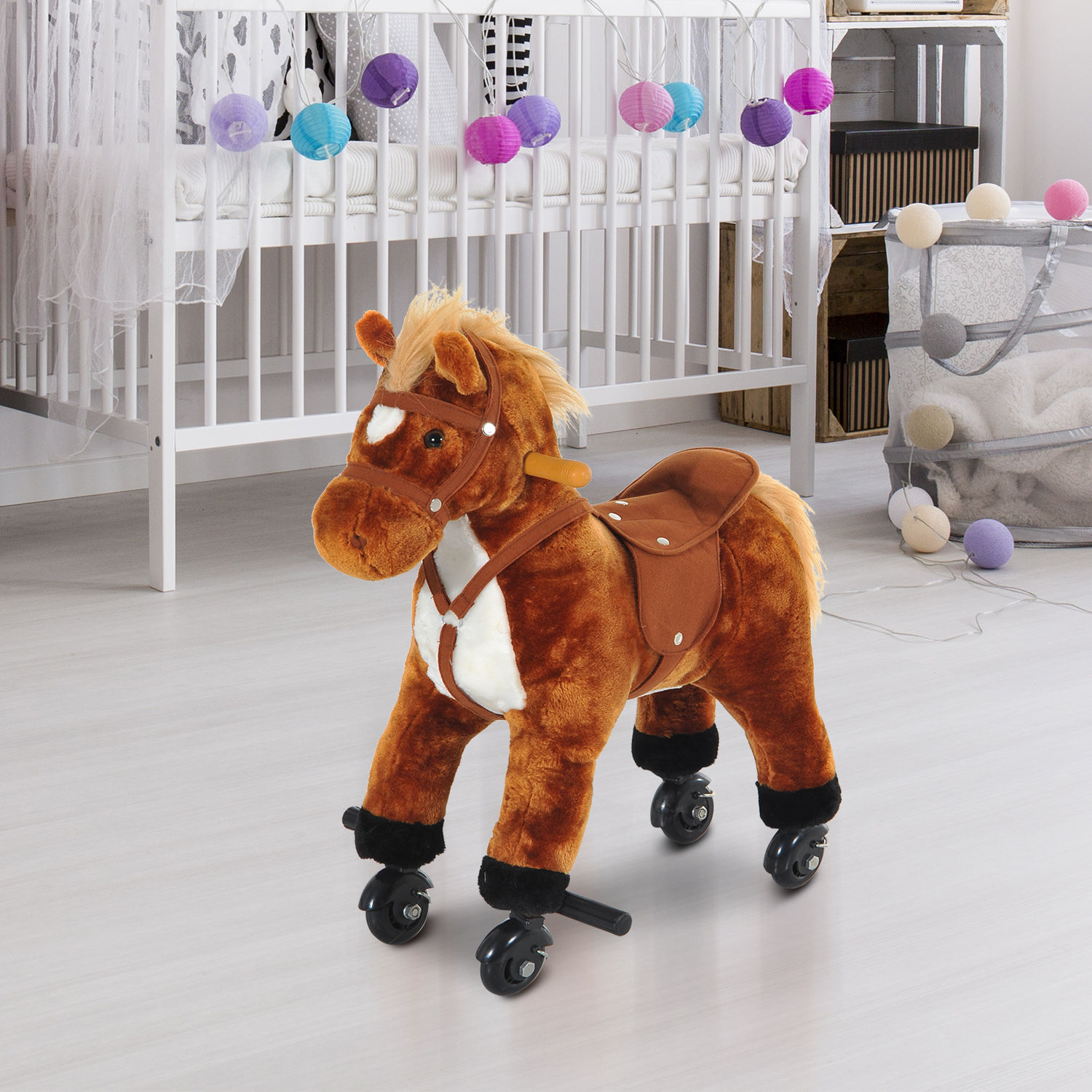 HOMCOM Rocking Horse Kids Ride on Walking Horse Animal Pony Wheeled Riding Plush Toy w/Sound for 2 Years and Up (Brown) - Image 2