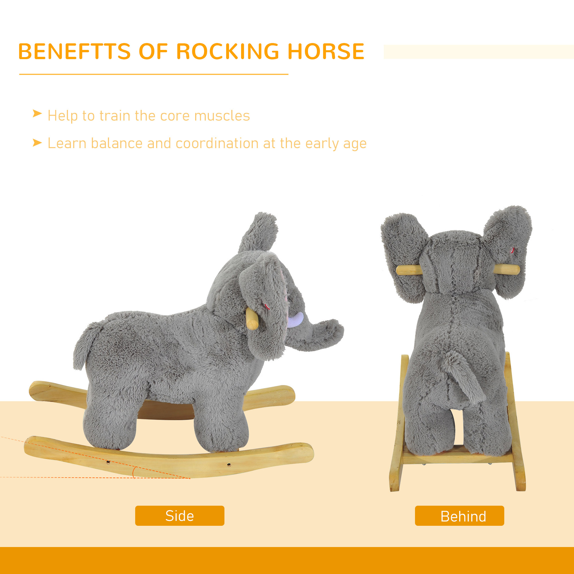 HOMCOM Kids Children Rocking Horse Plush Ride on Animal Wooden Riding Traditional Rocker Gift w/32 nursery rhymes (Grey Elephant) - Image 5