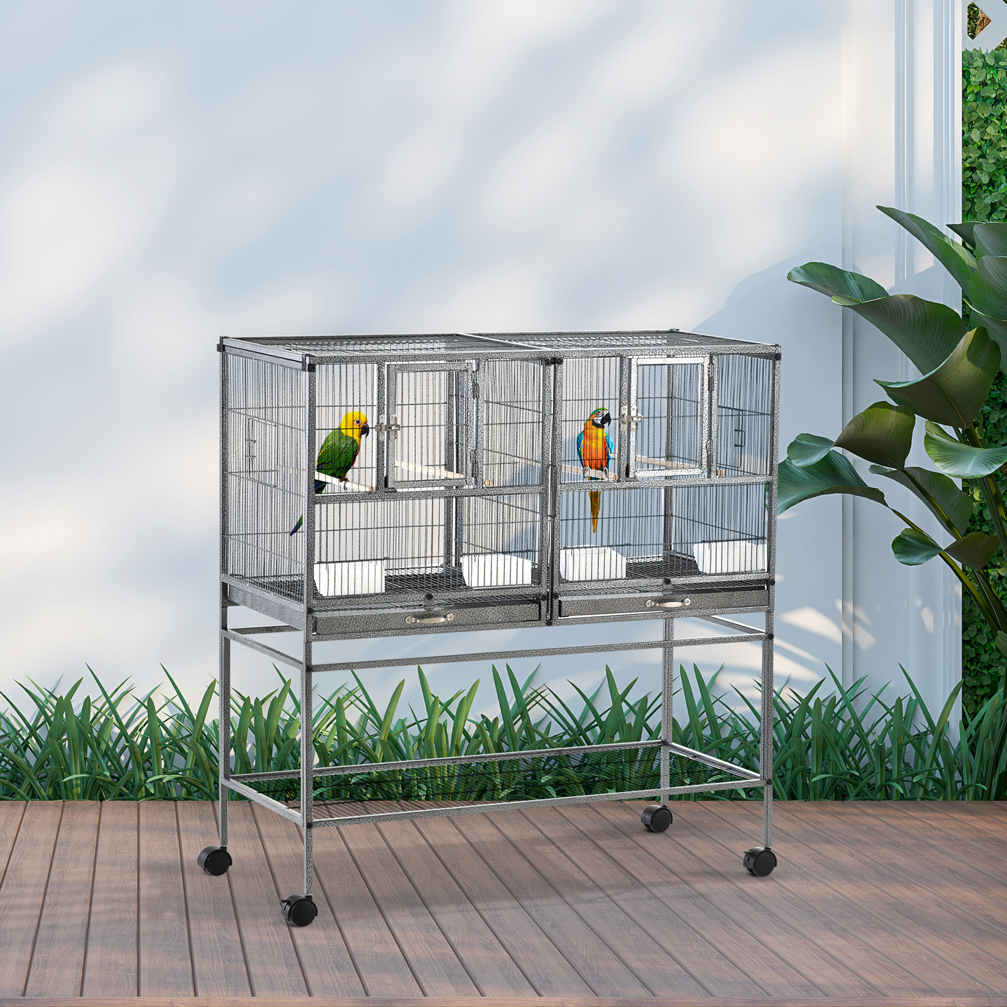 PawHut Large Bird Cage Parrot Cage with Divider, Slide Tray for Finch Canaries Parakeets Cockatiels, 95 x 45.5 x 102 cm - Image 2
