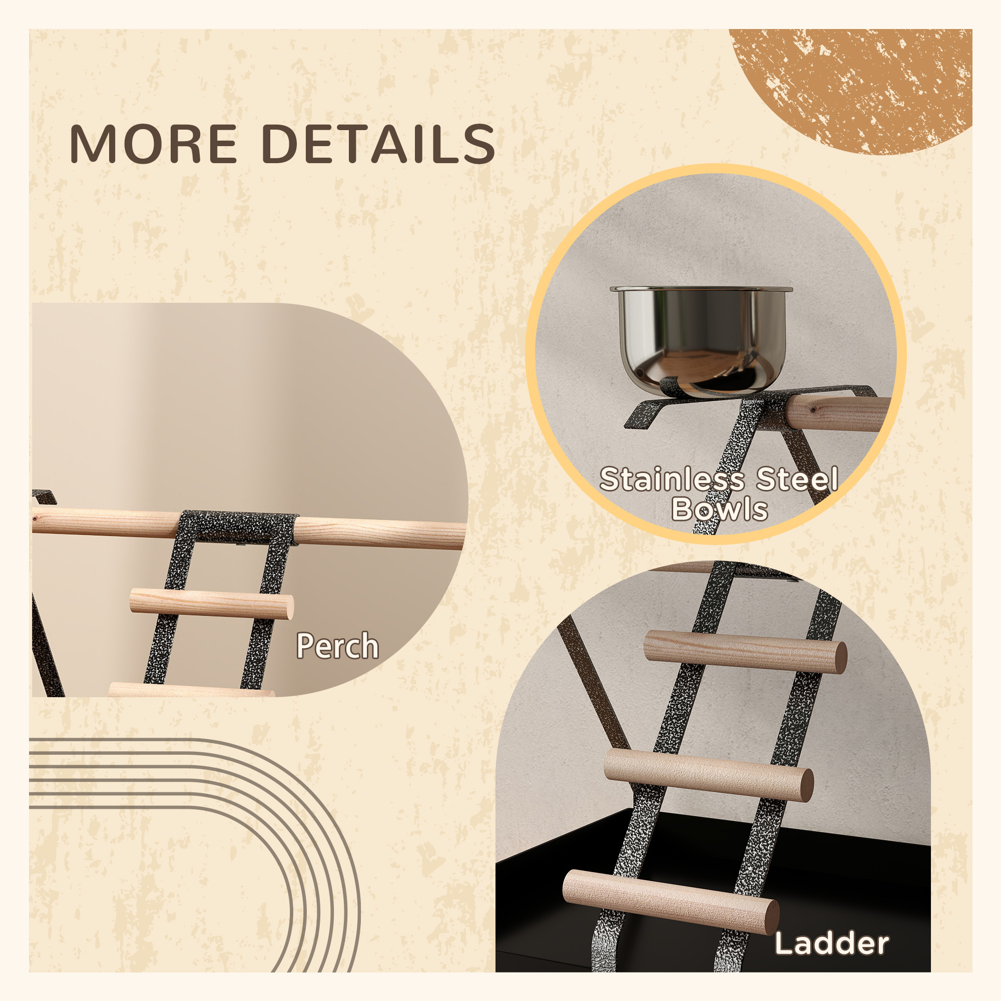 PawHut Parrot Stand Bird Stand w/Wood Perch Ladder Feeder Removable Tray - Image 6