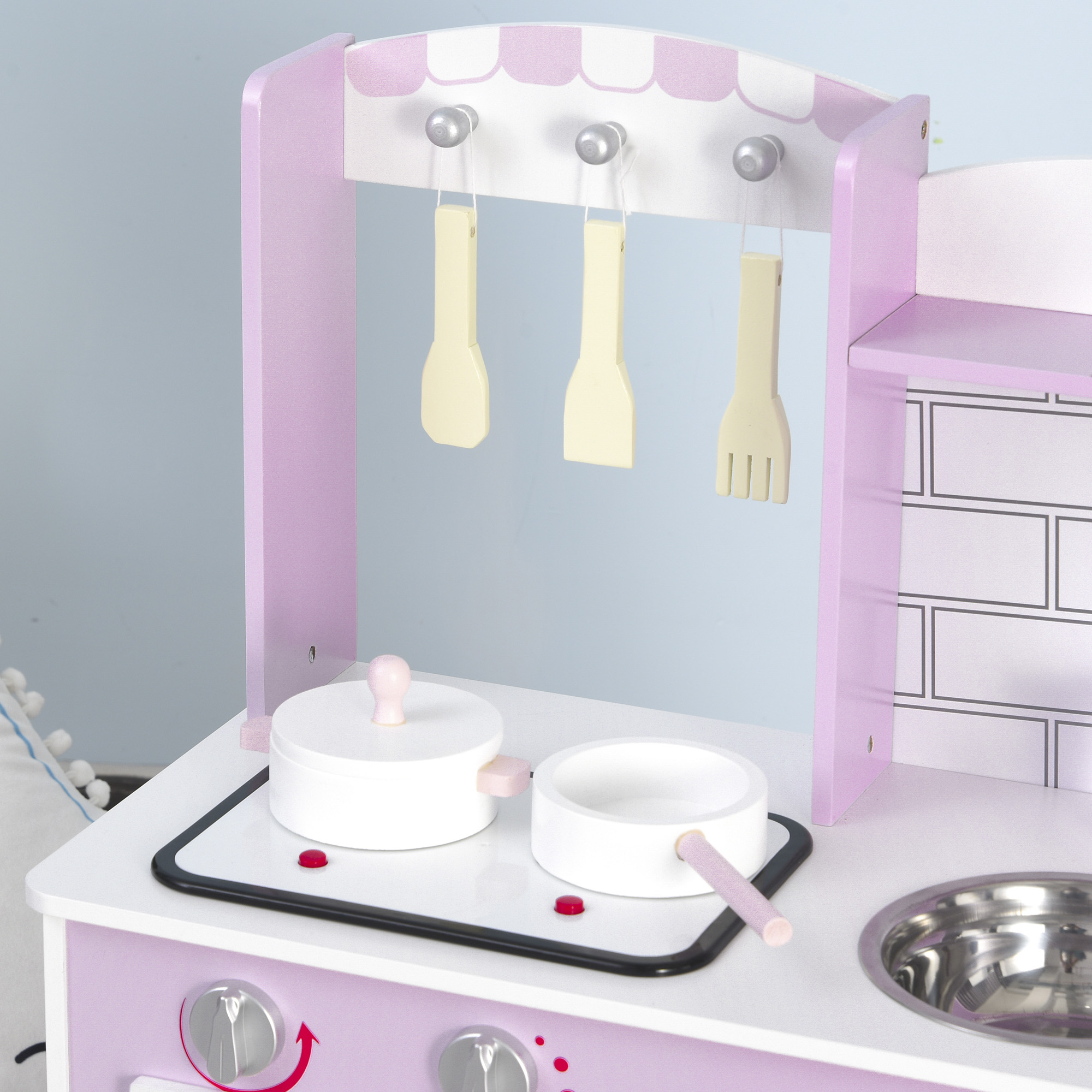 HOMCOM Kids Pretend Kitchen Playset w/ Cooking Toy Accessories - Pink - Image 9