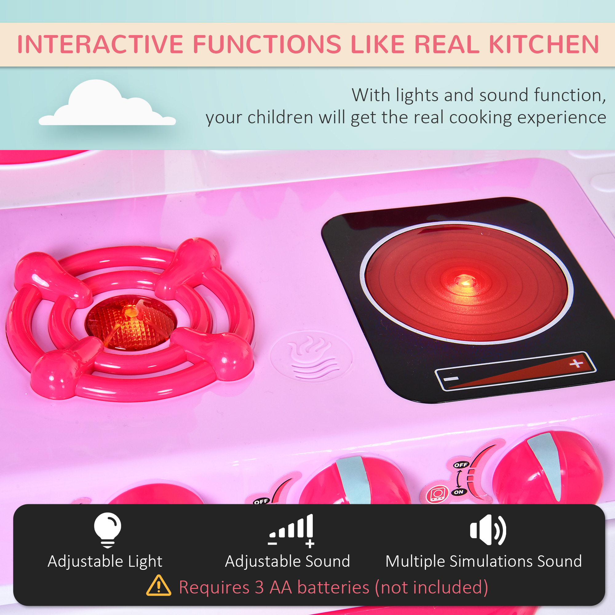 HOMCOM 38 Pcs Kids Children Kitchen Play Set w/ Realistic Sounds Lights Food Utensils Pots Pans Appliances Toy Game Pink - Image 4