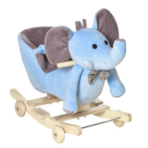 HOMCOM 2 In 1 Plush Baby Ride on Rocking Horse Elephant Rocker with Wheels Wooden Toy for Kids 32 Songs for 18+ Months (Blue)