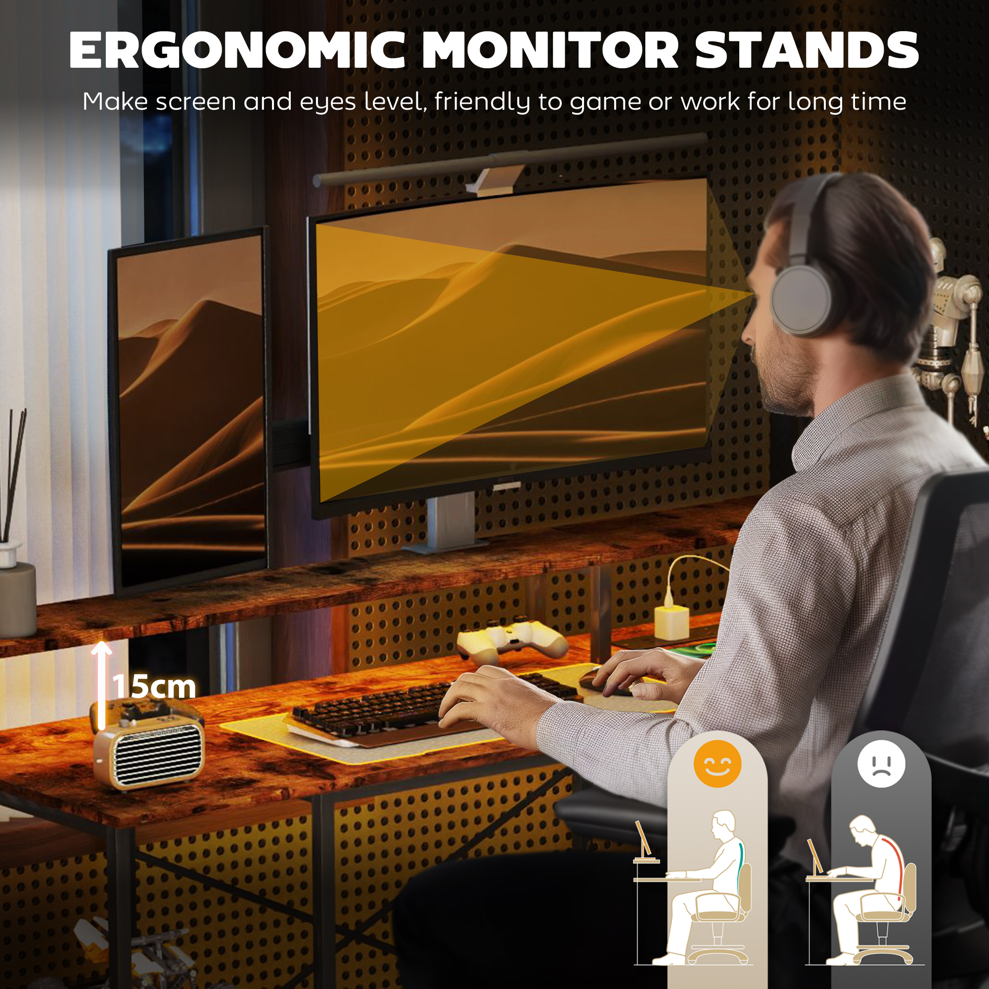 HOMCOM LED Light 'L' Computer Desk, with Shelves - Brown - Image 6
