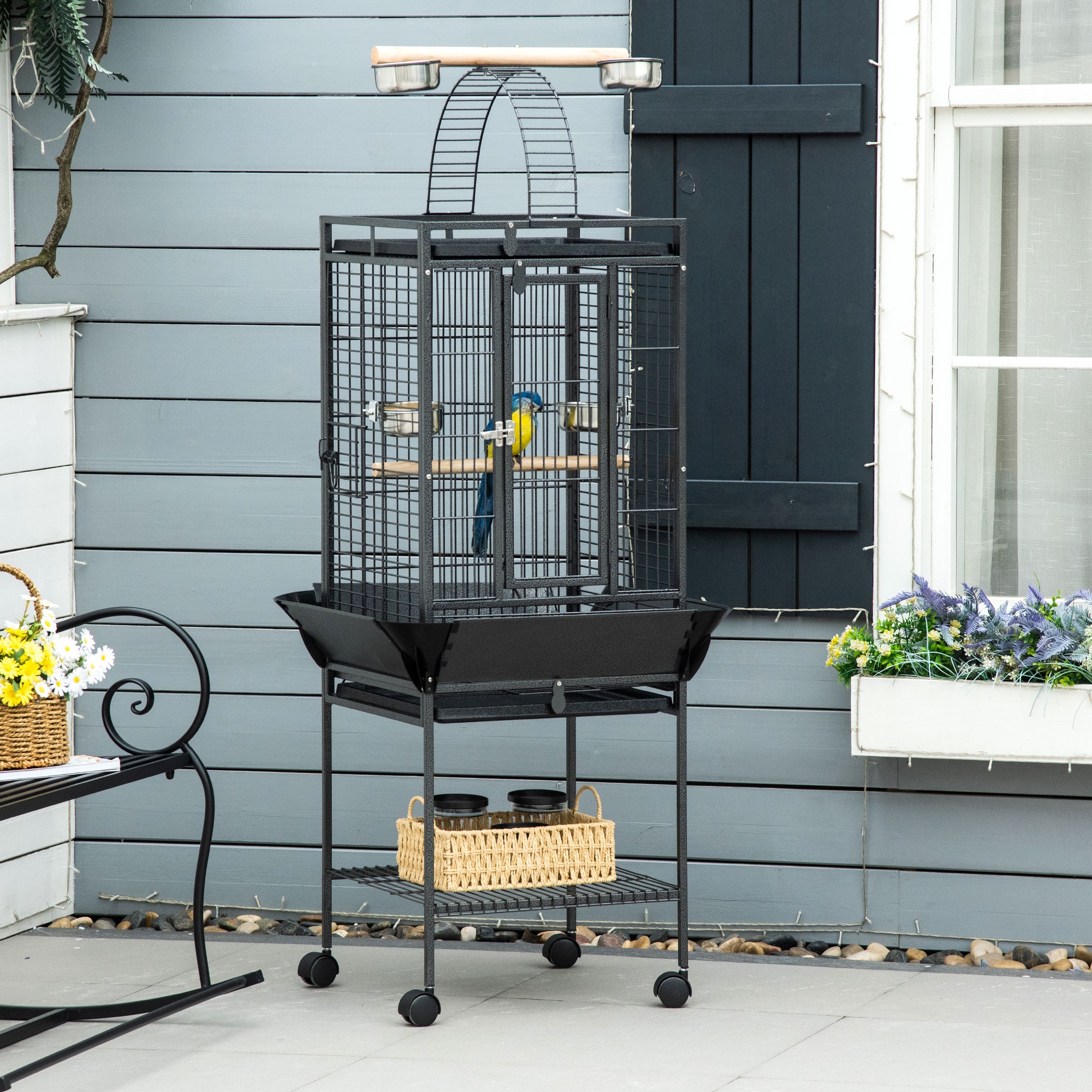 PawHut 156cm Bird Cage,Large Parrot Cage with Open Play Top, Perch, Seed Guard, Wheels, Storage Shelf, Dark Grey - Image 2