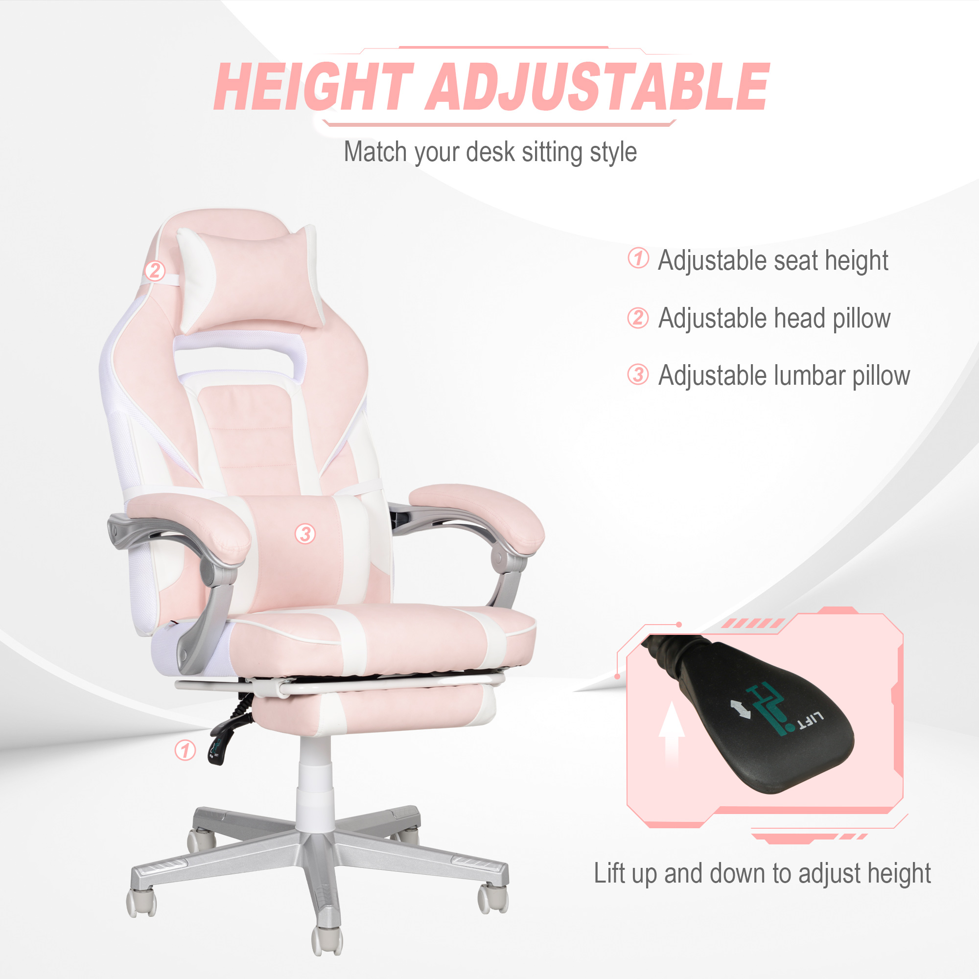 HOMCOM Faux Leather Reclining Gaming Chair, with Footrest - Pink/White - Image 4