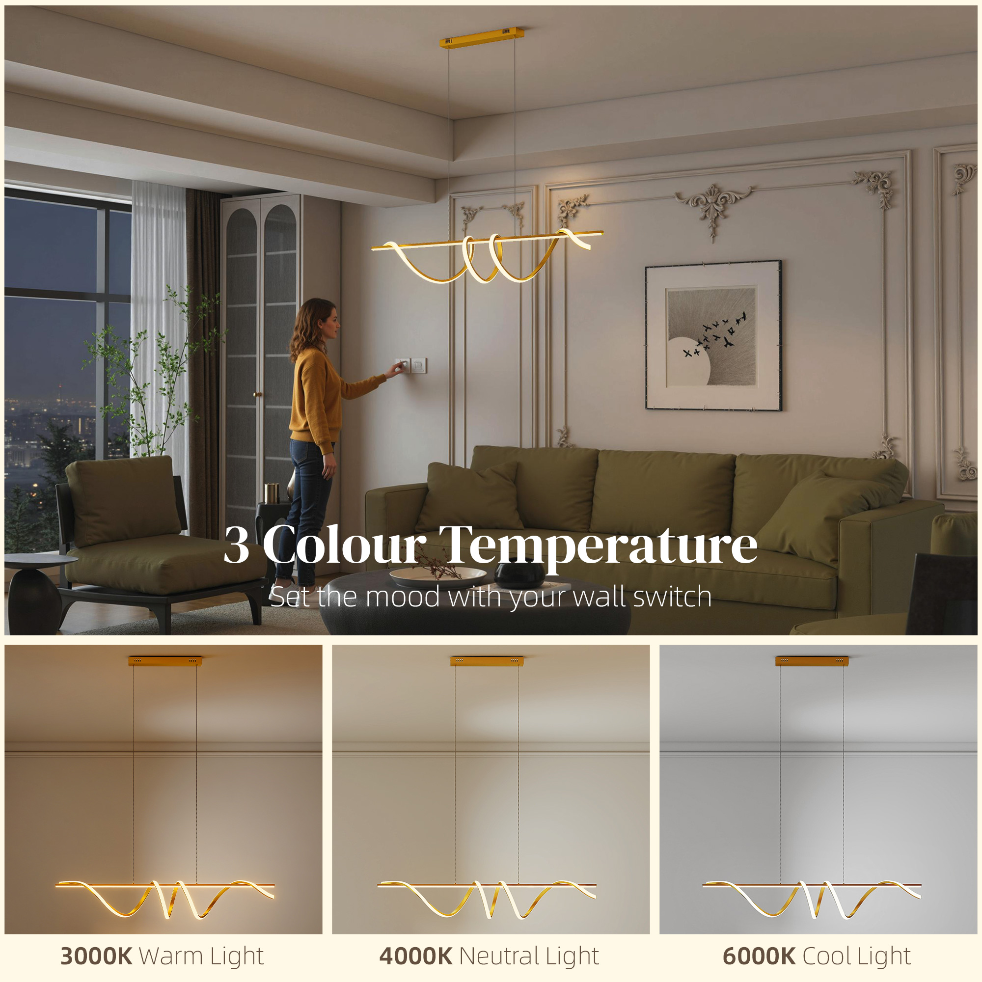 HOMCOM Pendant Light with 3 Colour Temperatures - Gold Tone - Image 4