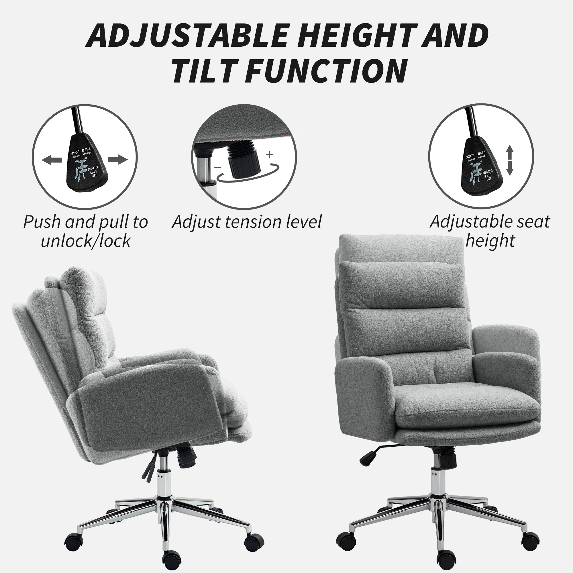 HOMCOM 91-99cm Sherpa Fleece Office Chair - Grey - Image 5