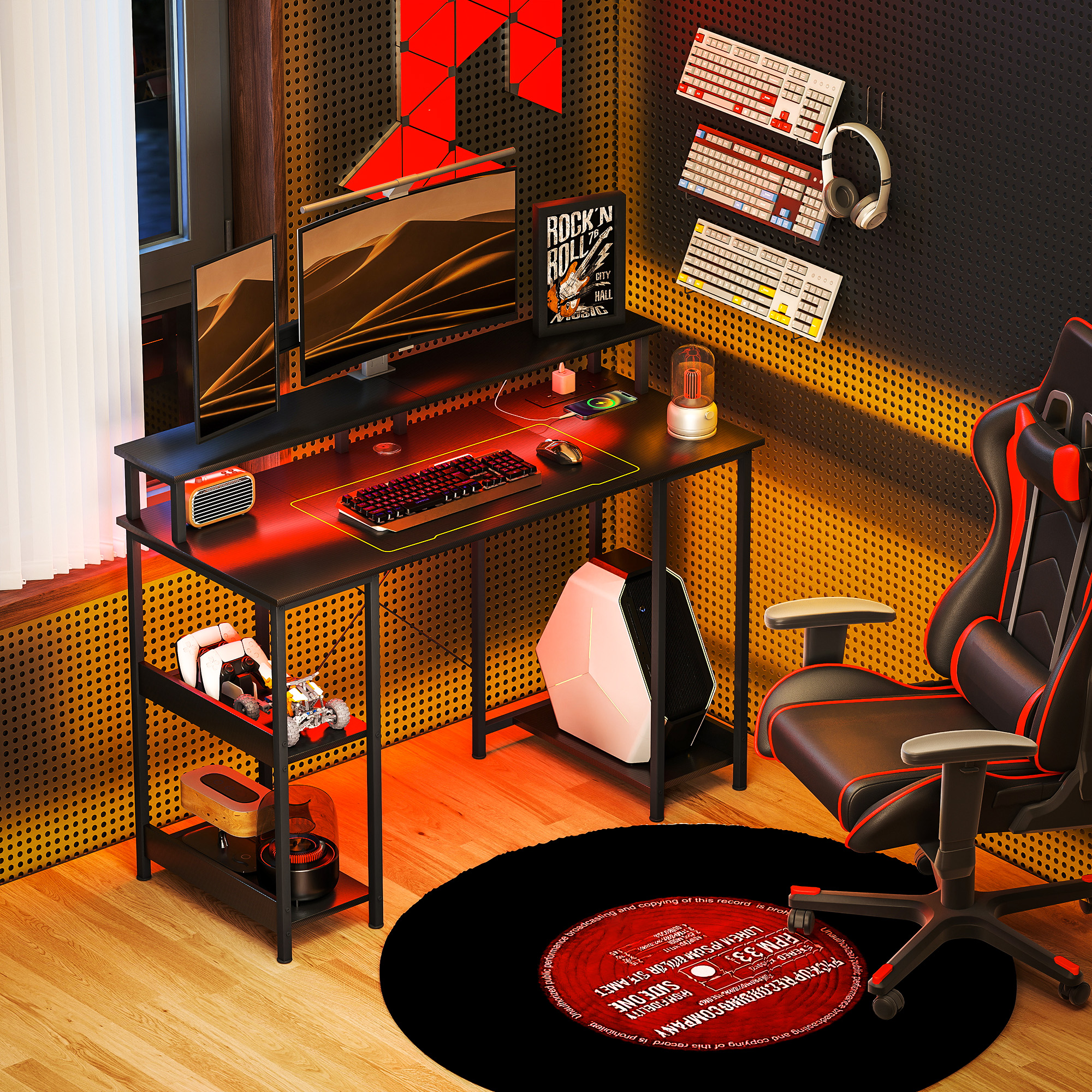 HOMCOM LED Computer Desk, with Power Outlets and Shelves - Carbon Fibre Grey - Image 2