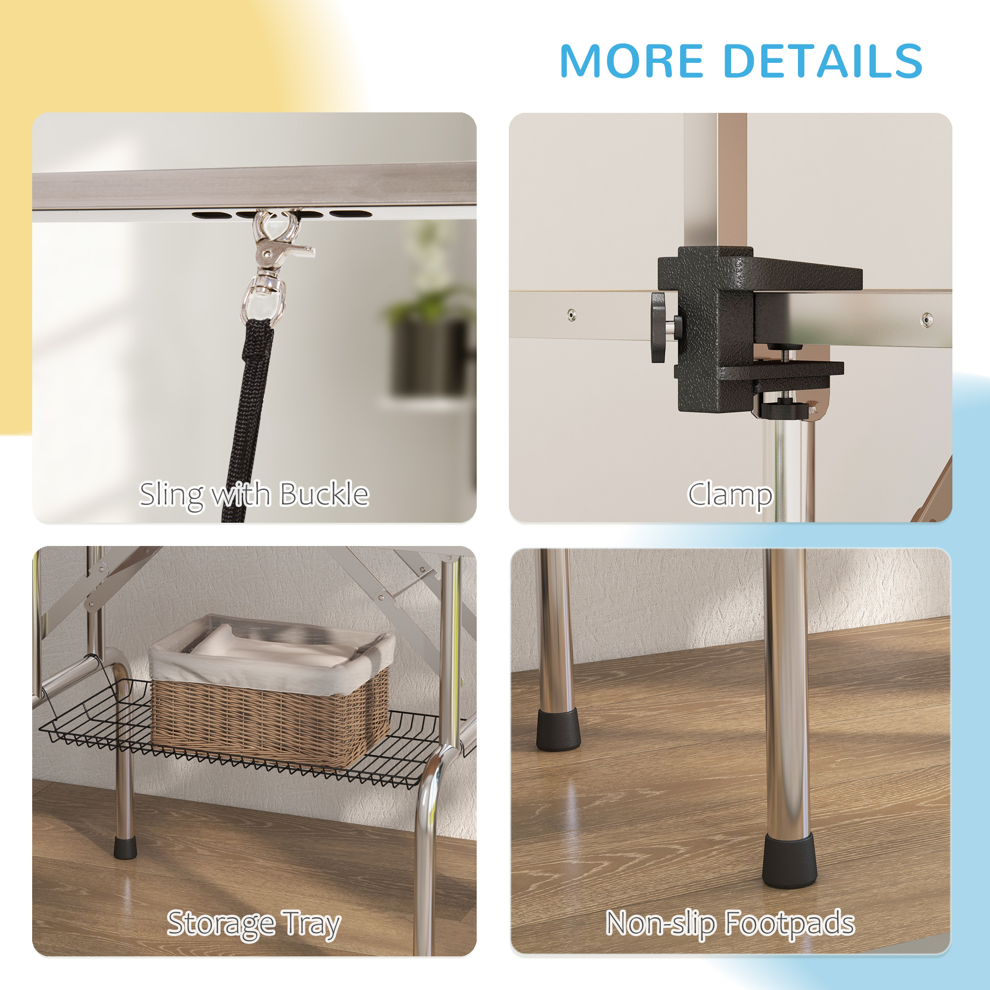 PawHut 42" Dog Grooming Table, Adjustable Pet Cat Drying Beauty Table with 2 Loops Storage Basket, Rubber Top, Black - Image 6