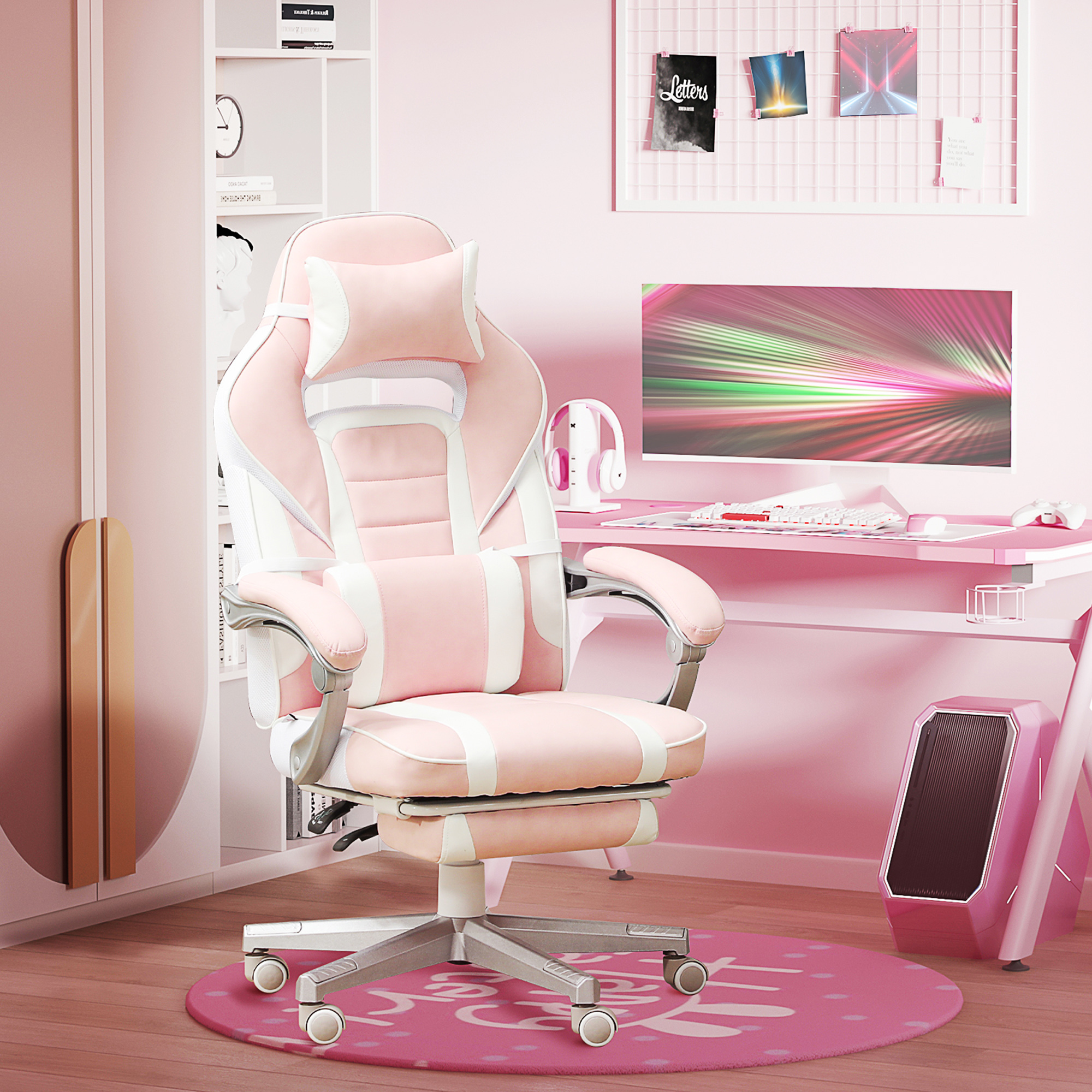 HOMCOM Faux Leather Reclining Gaming Chair, with Footrest - Pink/White - Image 2