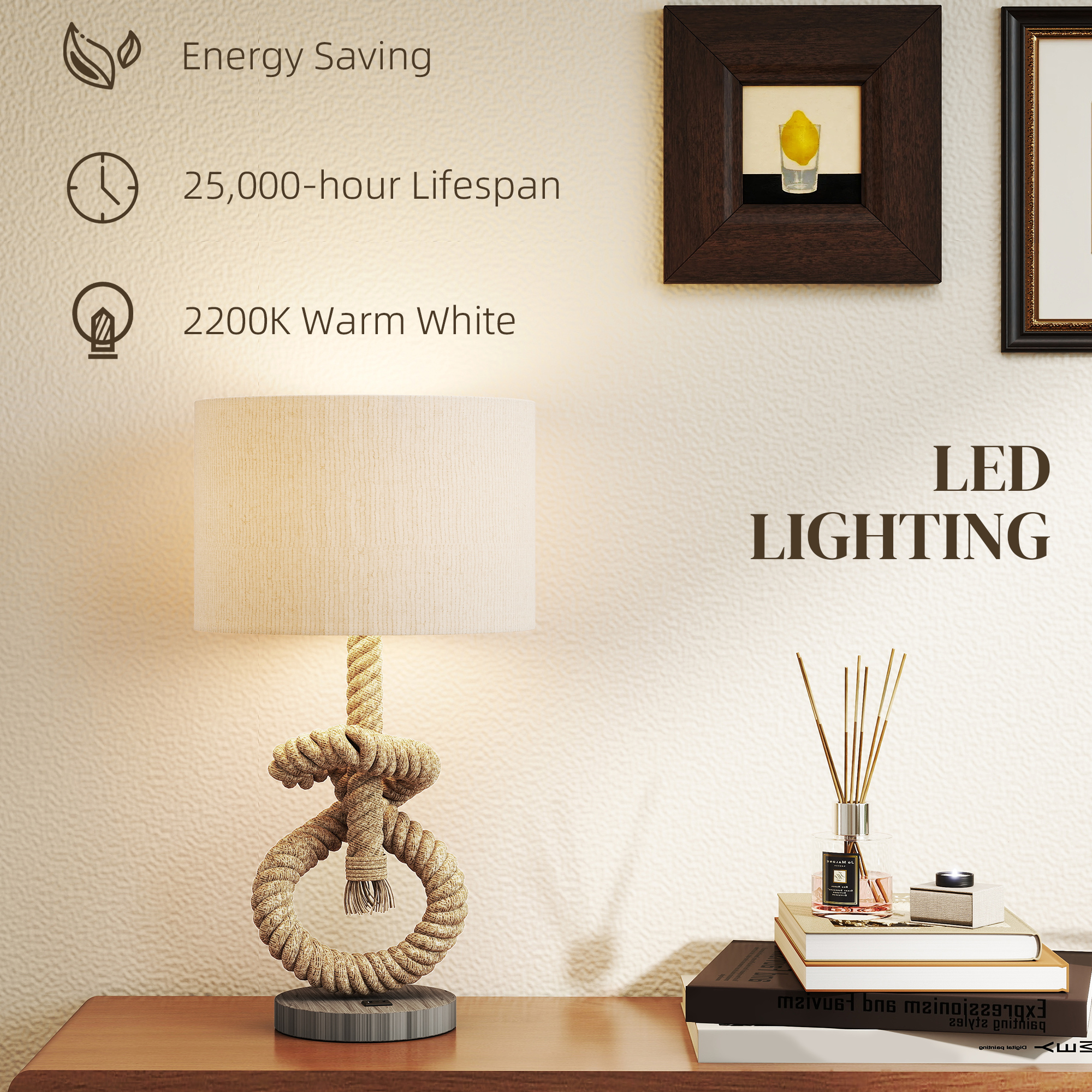 HOMCOM Nautical LED Table Lamp with USB Charging Port, Bedside Desk Lamp for Bedroom, Living Room, Home Office - Image 5