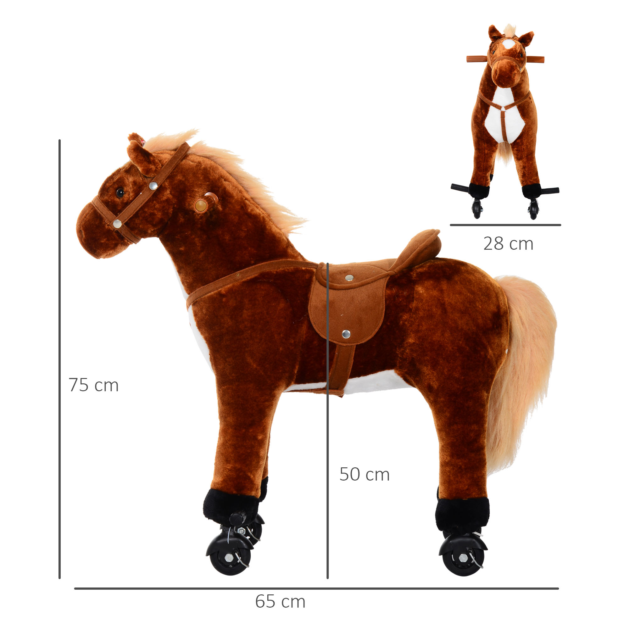 HOMCOM Plush Walking Horse Ride On Toy with Wheels and Realistic Sounds Rocking Horse for Girls Boys 2+ Years Old, 50cm Tall, Brown - Image 3