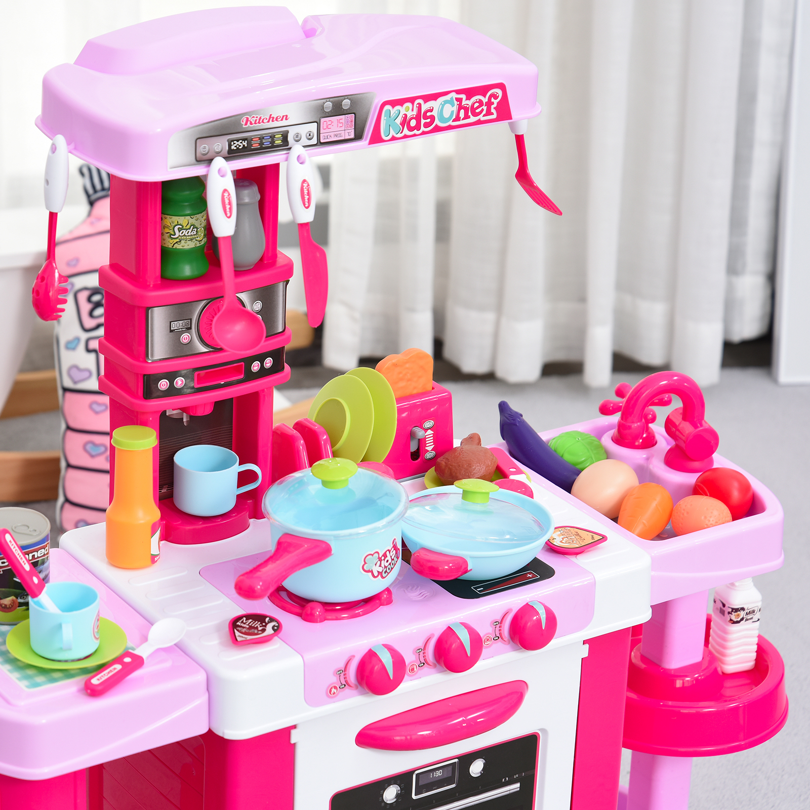 HOMCOM 38 Pcs Kids Children Kitchen Play Set w/ Realistic Sounds Lights Food Utensils Pots Pans Appliances Toy Game Pink - Image 8