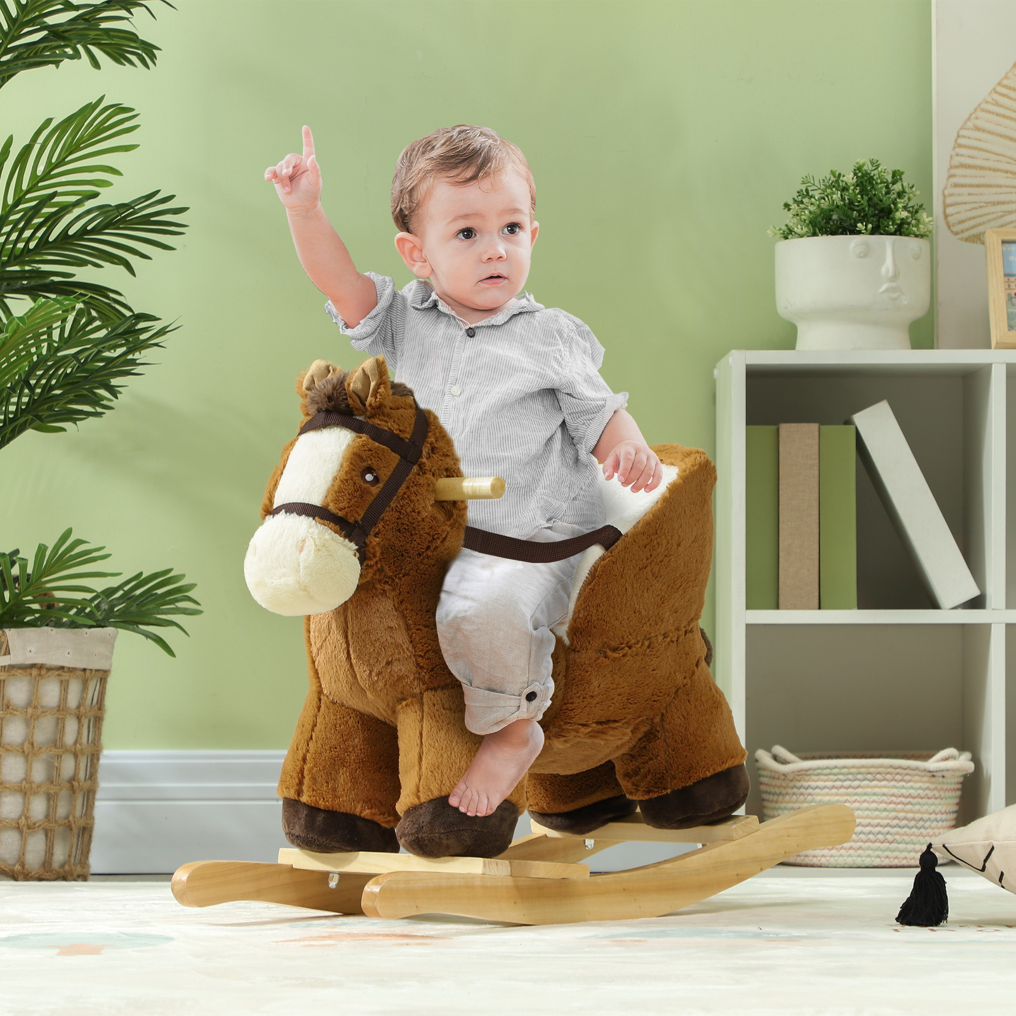 AIYAPLAY Kids Rocking Horse, Plush Ride on Horse, with Sound, Wood Base, for Ages 18-36 Months, Brown - Image 2