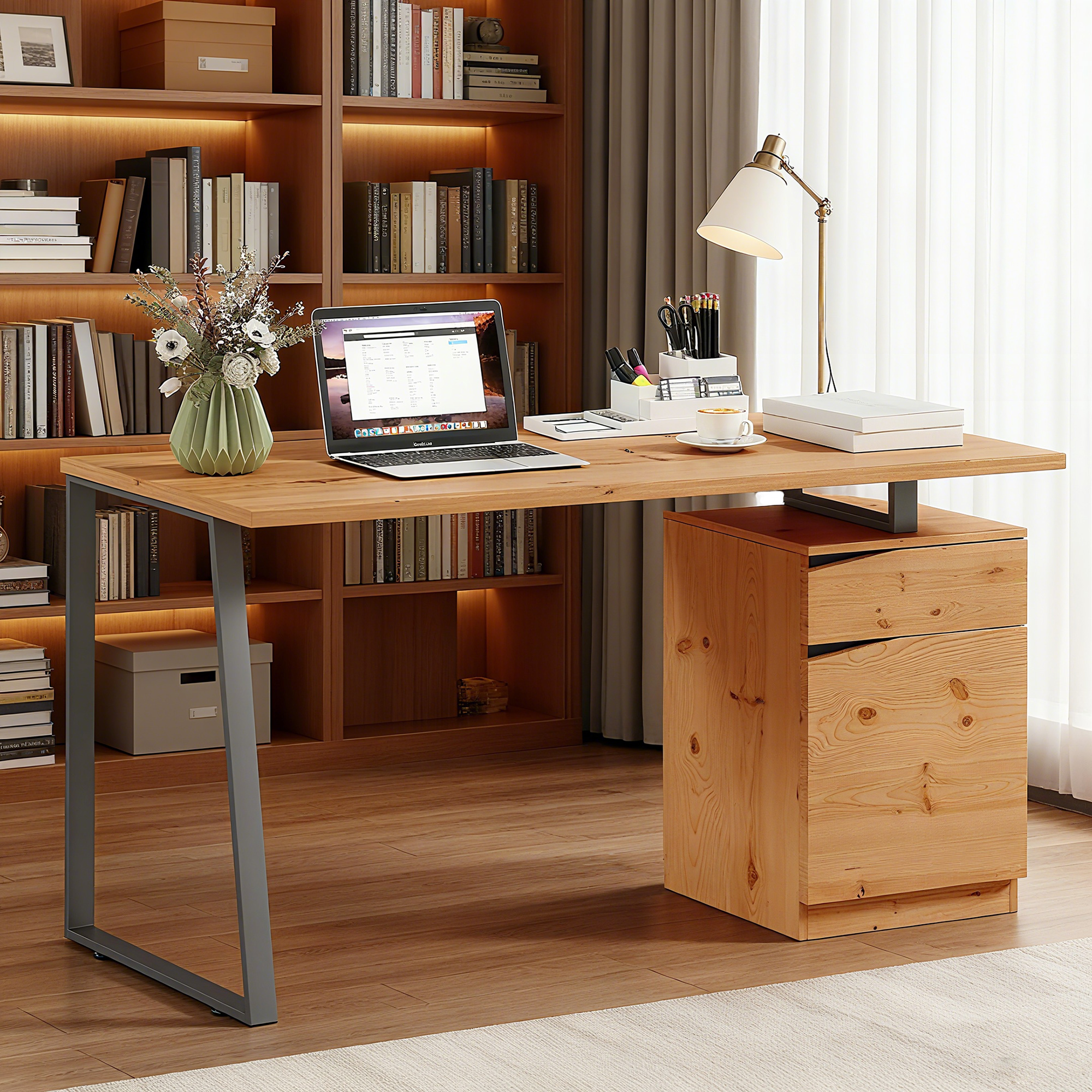 HOMCOM Computer Desk, Writing Desk with Cabinet, Drawer, Metal Legs, Work Table for Home Office Study, Natural Wood Finish - Image 2
