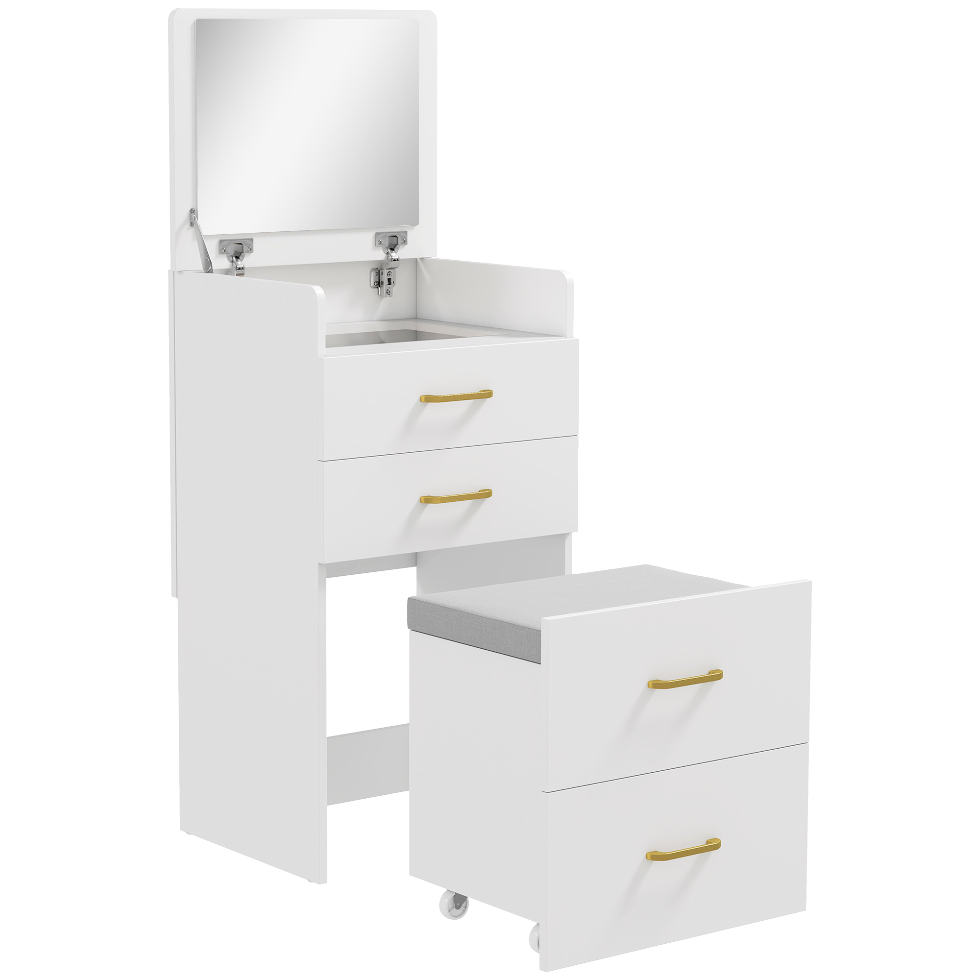 HOMCOM Compact Dressing Table and Stool Set, with Storage - White