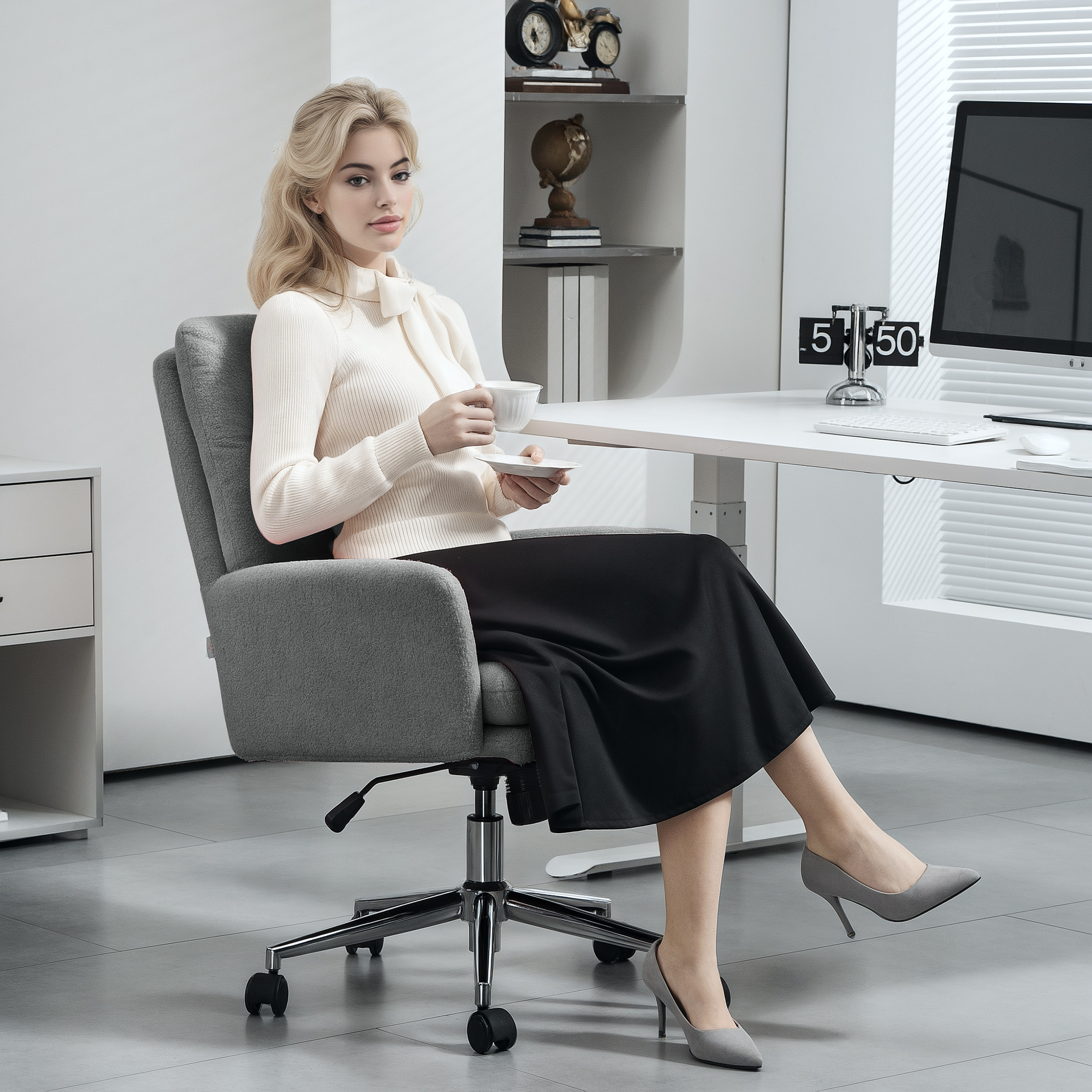 HOMCOM 91-99cm Sherpa Fleece Office Chair - Grey - Image 7