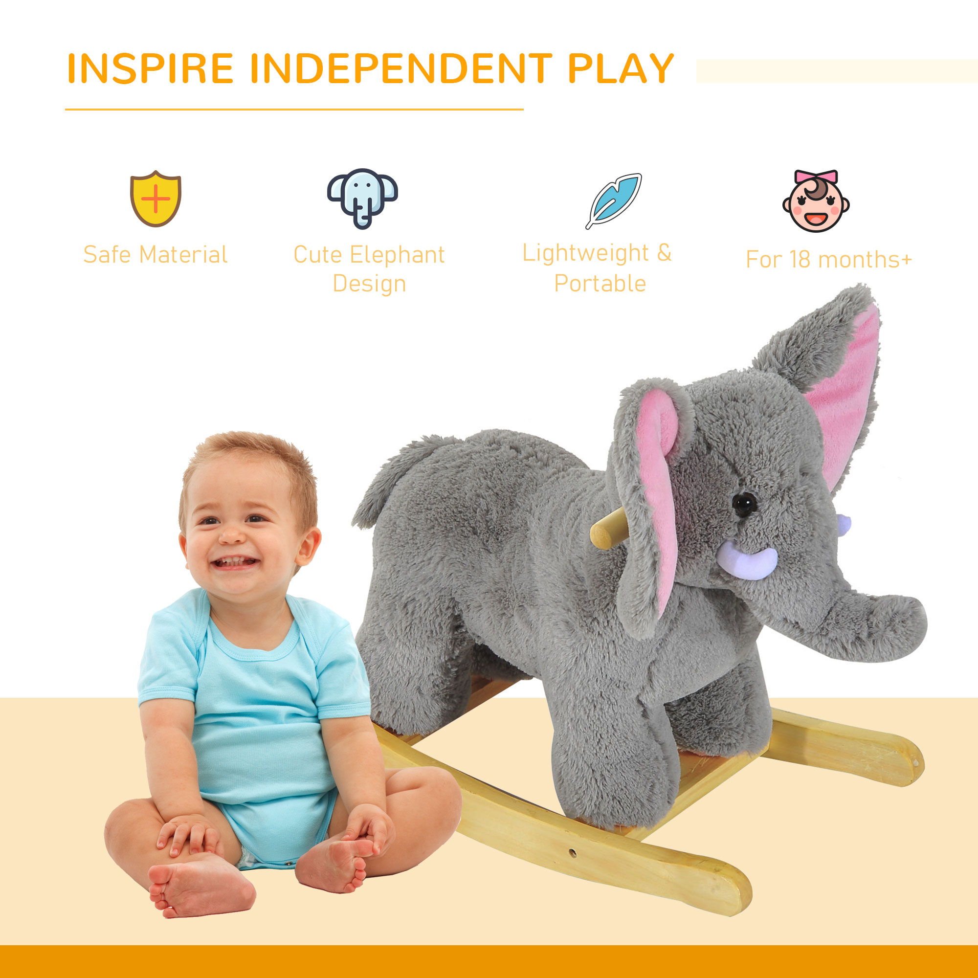 HOMCOM Kids Children Rocking Horse Plush Ride on Animal Wooden Riding Traditional Rocker Gift w/32 nursery rhymes (Grey Elephant) - Image 4