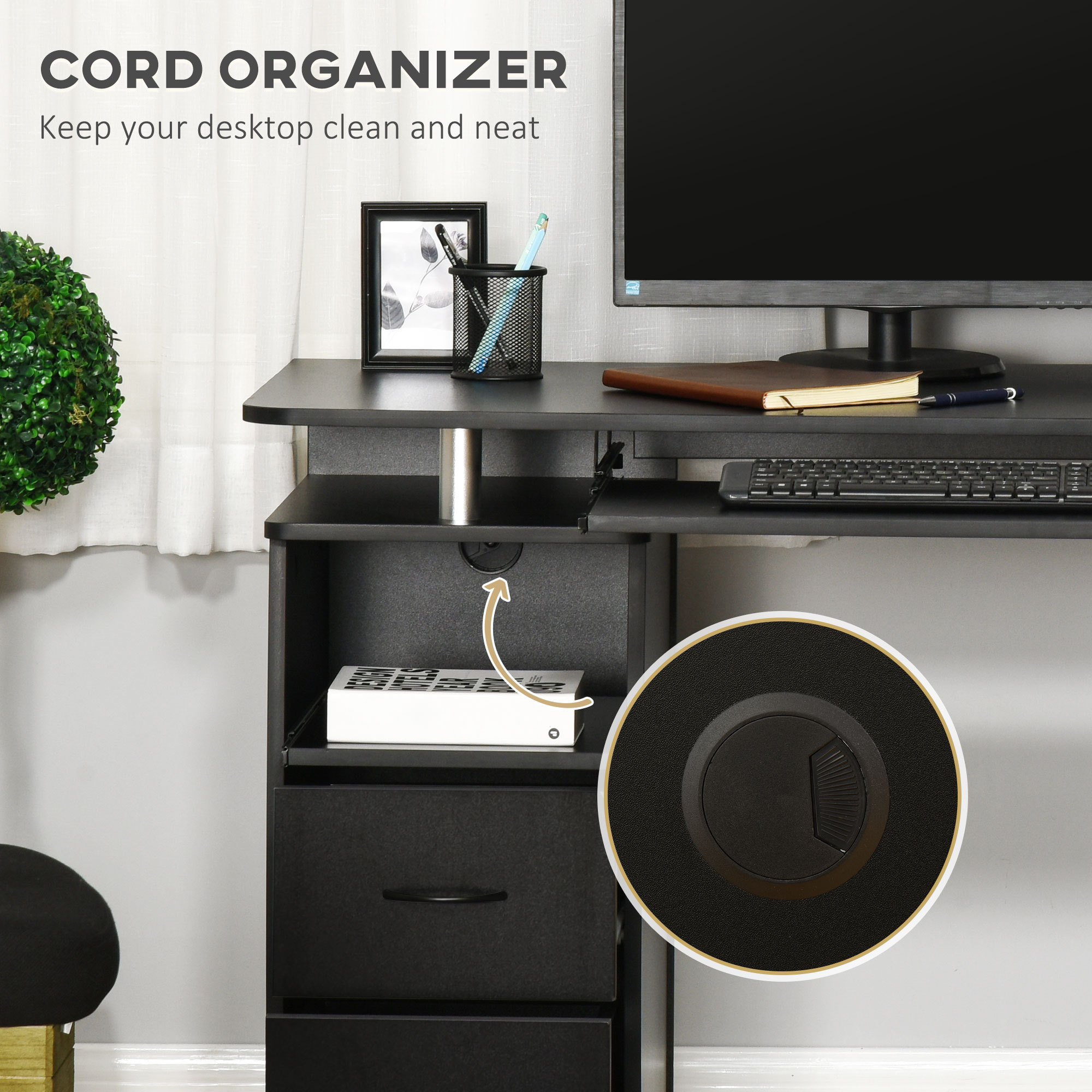 HOMCOM Computer Desk Office PC Table Workstation with Keyboard Tray, CPU Shelf, Drawers, Sliding Scanner Shelf, Black - Image 5