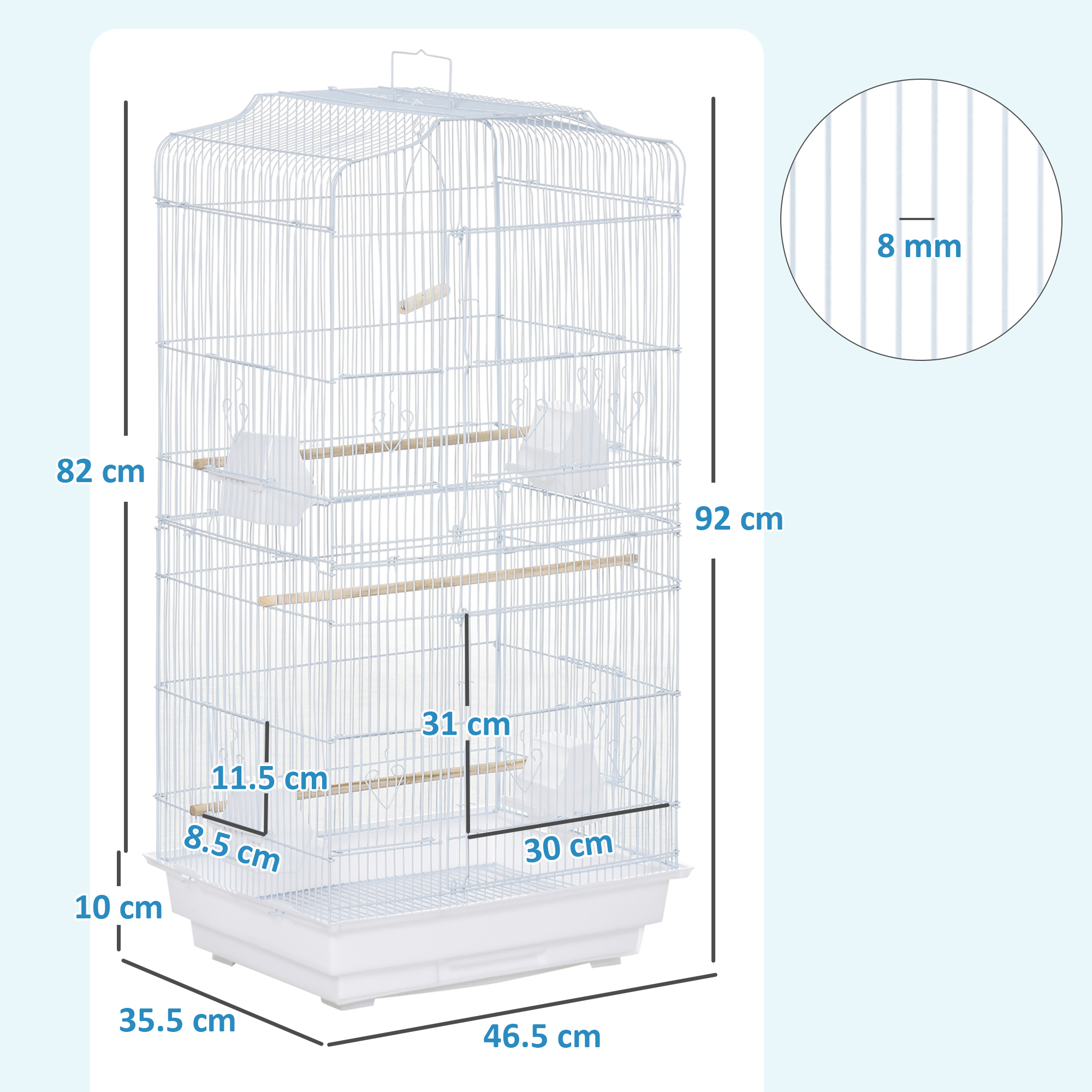 PawHut Large Metal Bird Cage with Perches, Food Bowls, Swing, for Budgies, Parakeets, White - Image 3