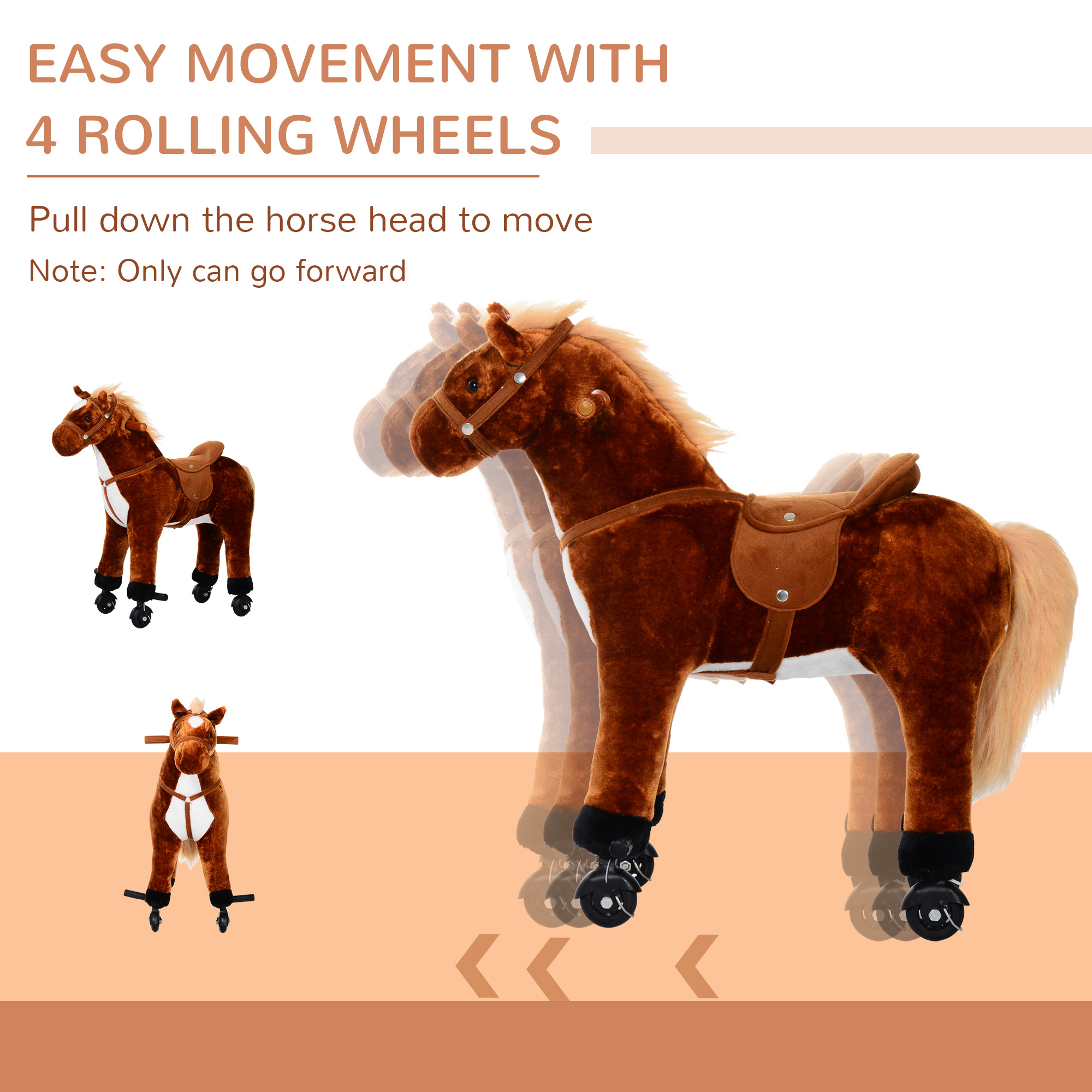 HOMCOM Plush Walking Horse Ride On Toy with Wheels and Realistic Sounds Rocking Horse for Girls Boys 2+ Years Old, 50cm Tall, Brown - Image 7