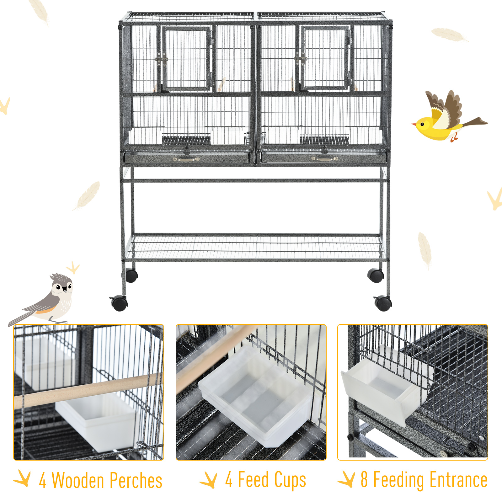 PawHut Large Bird Cage Parrot Cage with Divider, Slide Tray for Finch Canaries Parakeets Cockatiels, 95 x 45.5 x 102 cm - Image 4