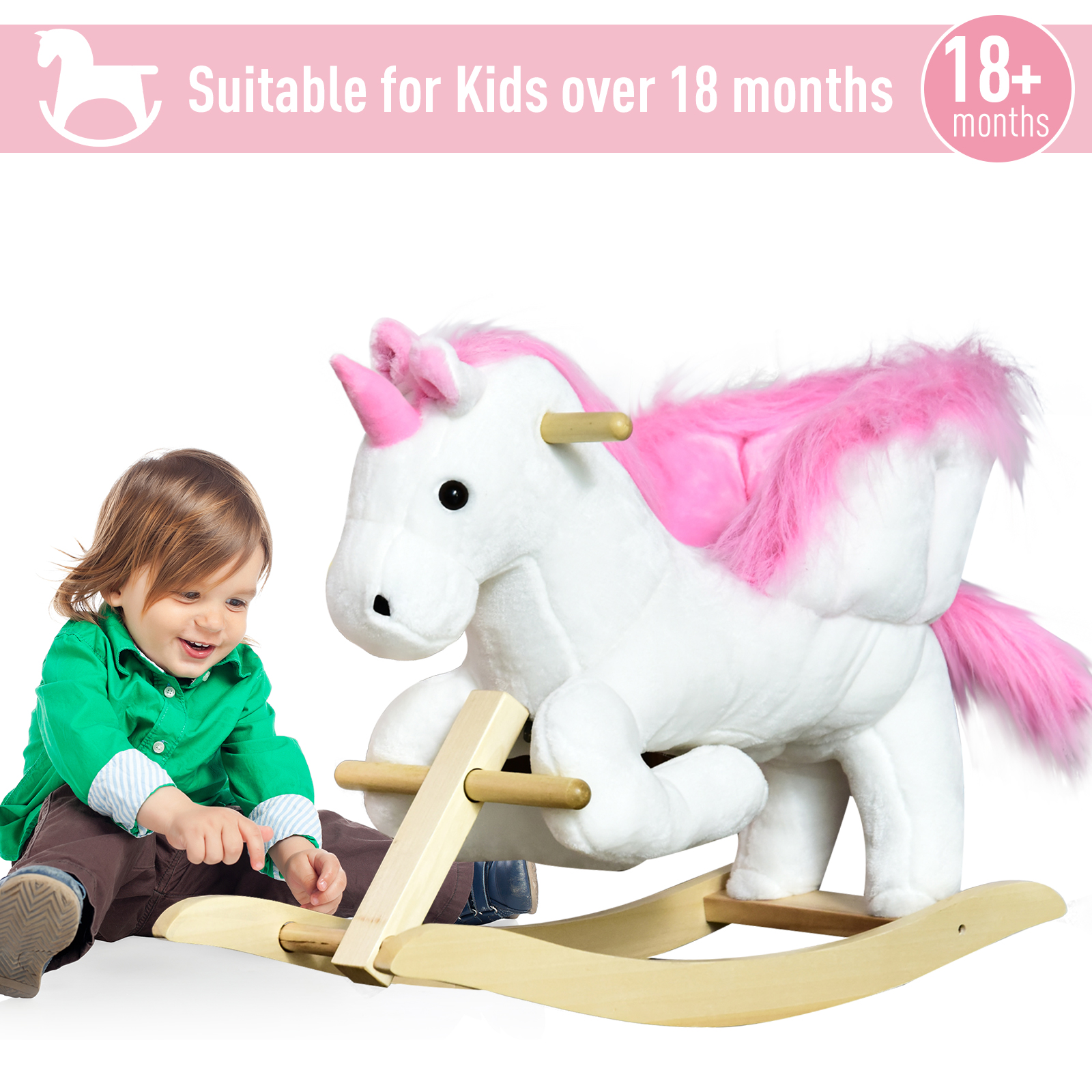 HOMCOM Kids Rocking Horse Toy, Plush Unicorn Rocker Seat with Wood Base and Music, for 1.5-3 Years - Image 5