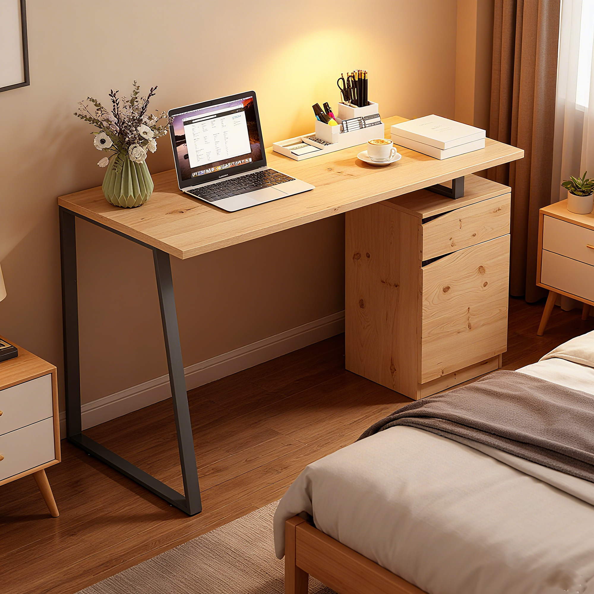 HOMCOM Computer Desk, Writing Desk with Cabinet, Drawer, Metal Legs, Work Table for Home Office Study, Natural Wood Finish - Image 7