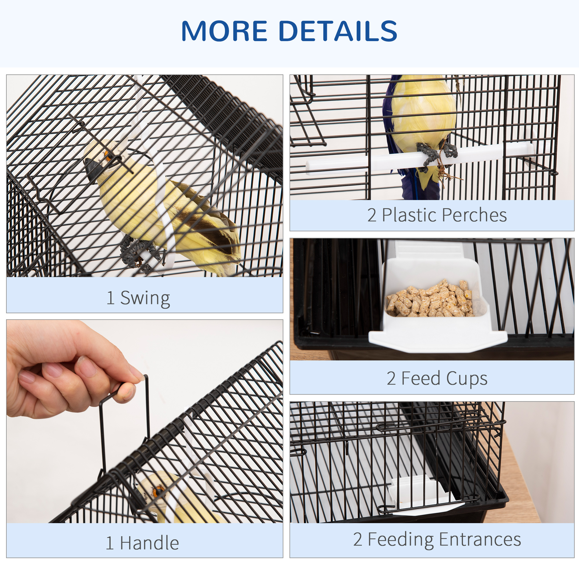 PawHut Metal Bird Cage for Finch, Canary w/ Food Containers, Swing Ring, Tray, Handle, 39 x 33 x 47cm - Image 4