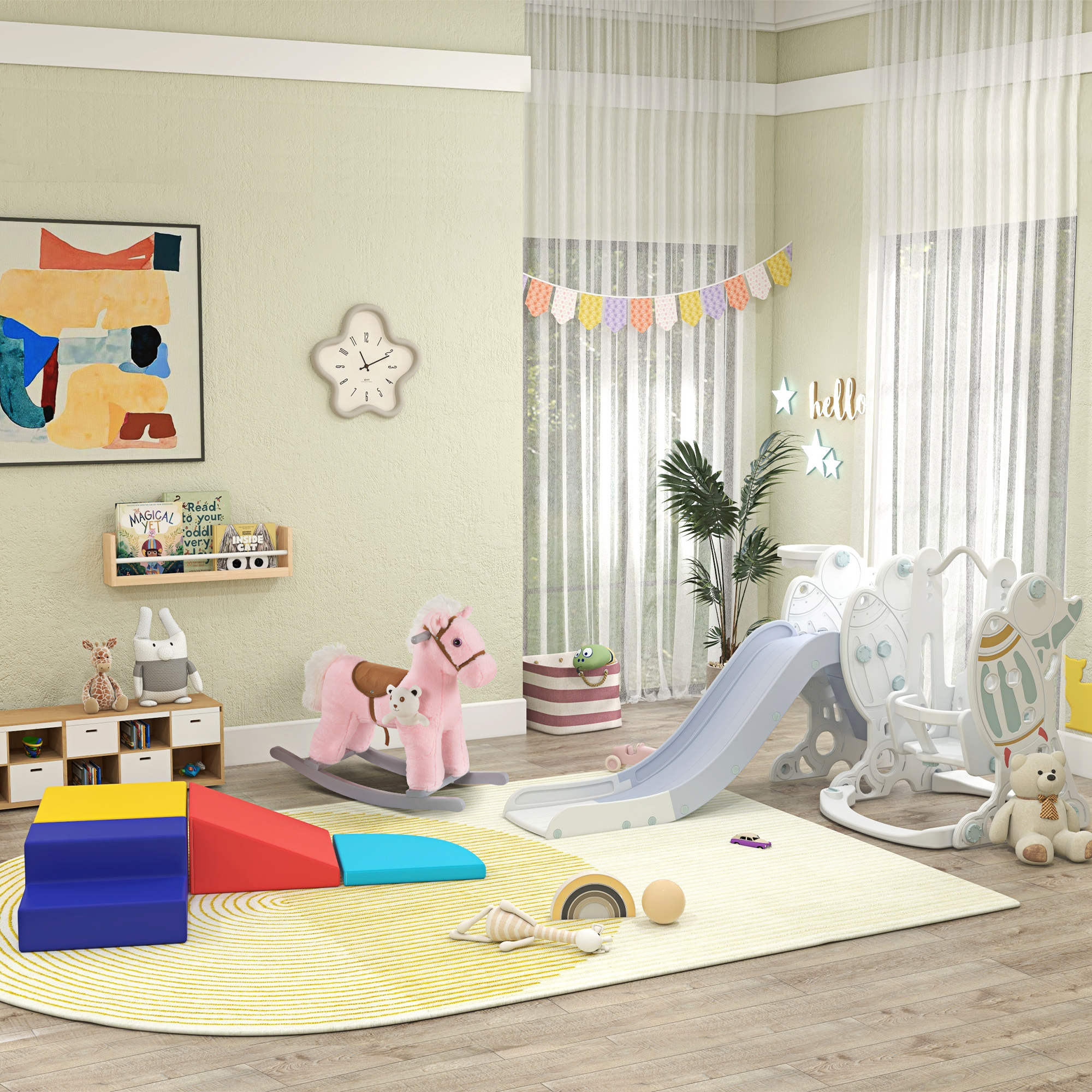 HOMCOM Kids Plush Ride-On Rocking Horse Toy Rocker with Plush Toy Realistic Sounds for Child 18-36 Months Pink - Image 9