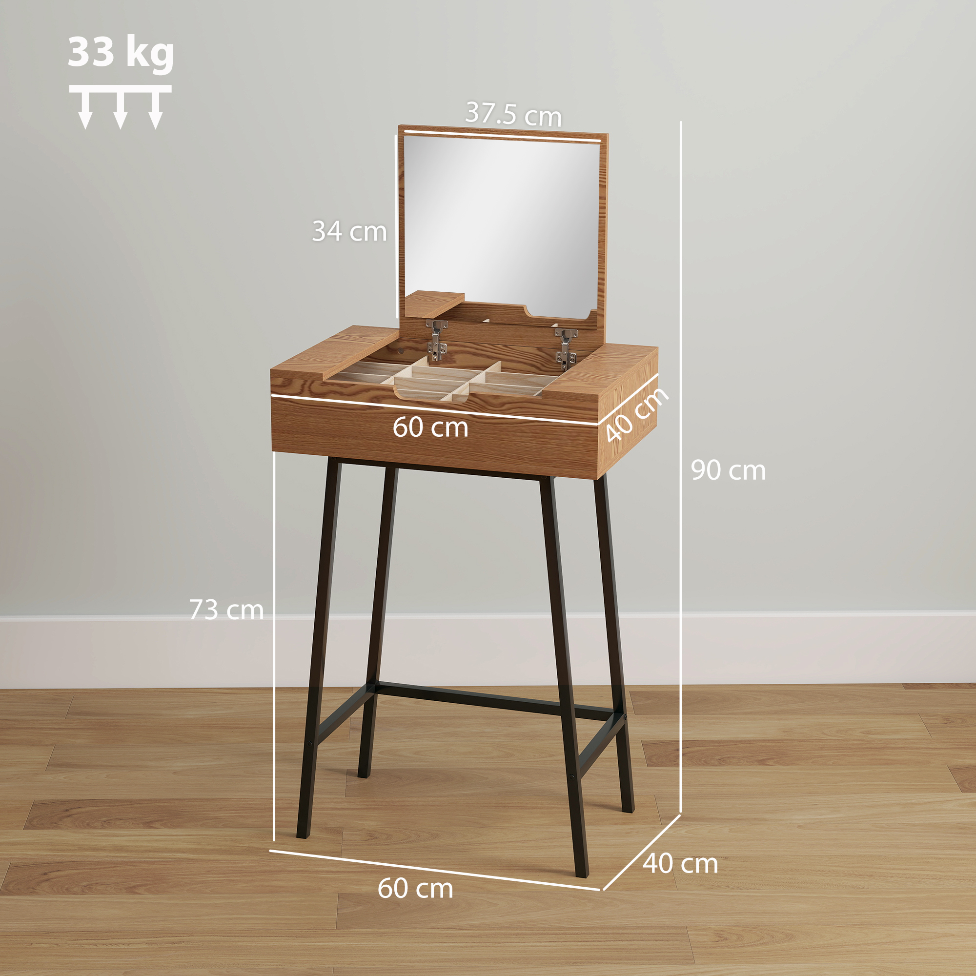 HOMCOM Vanity Desk with Flip-Up Mirror, Industrial Dressing Table with 16 Small Compartments for Bedroom, Natural Wood Effect - Image 3