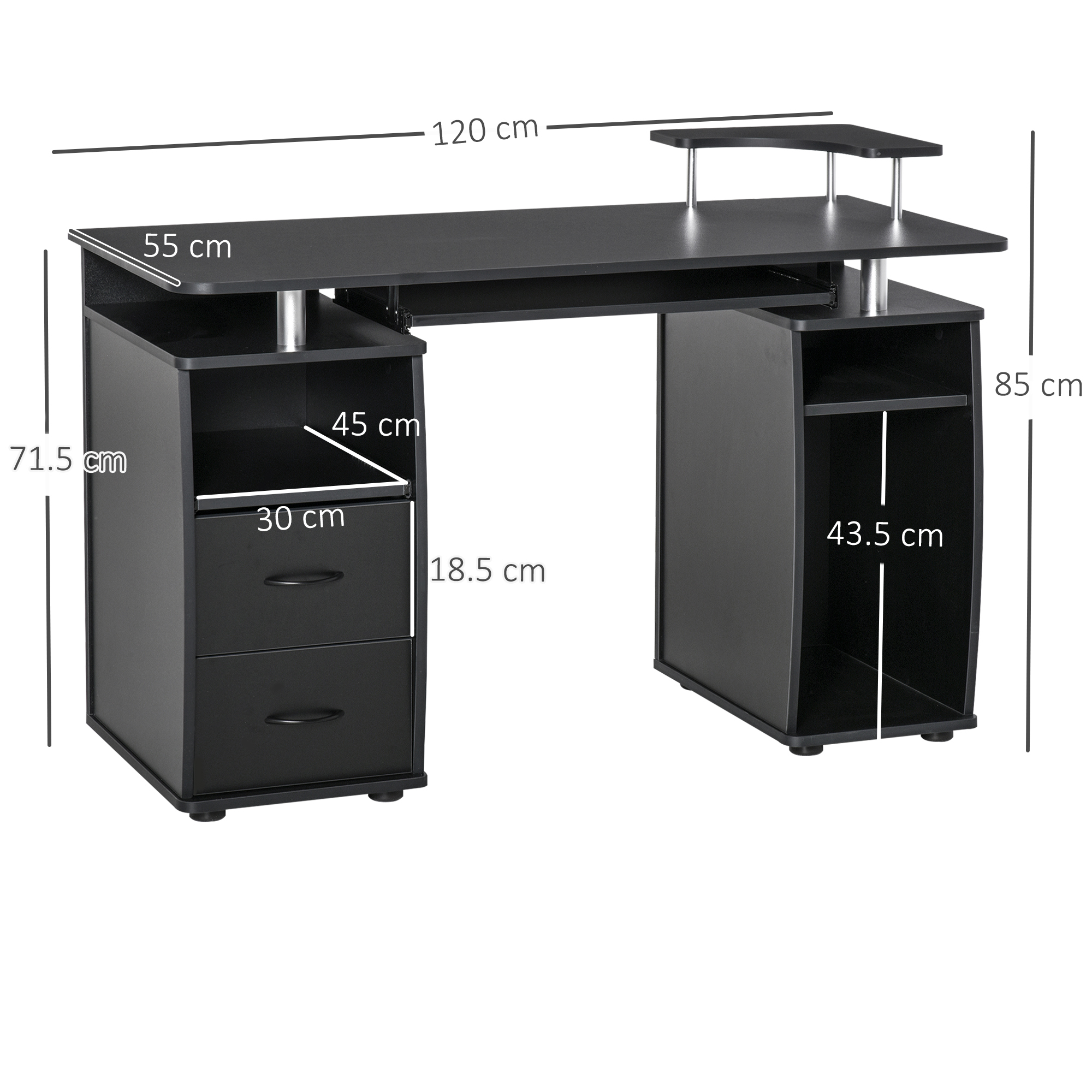 HOMCOM Computer Desk Office PC Table Workstation with Keyboard Tray, CPU Shelf, Drawers, Sliding Scanner Shelf, Black - Image 3