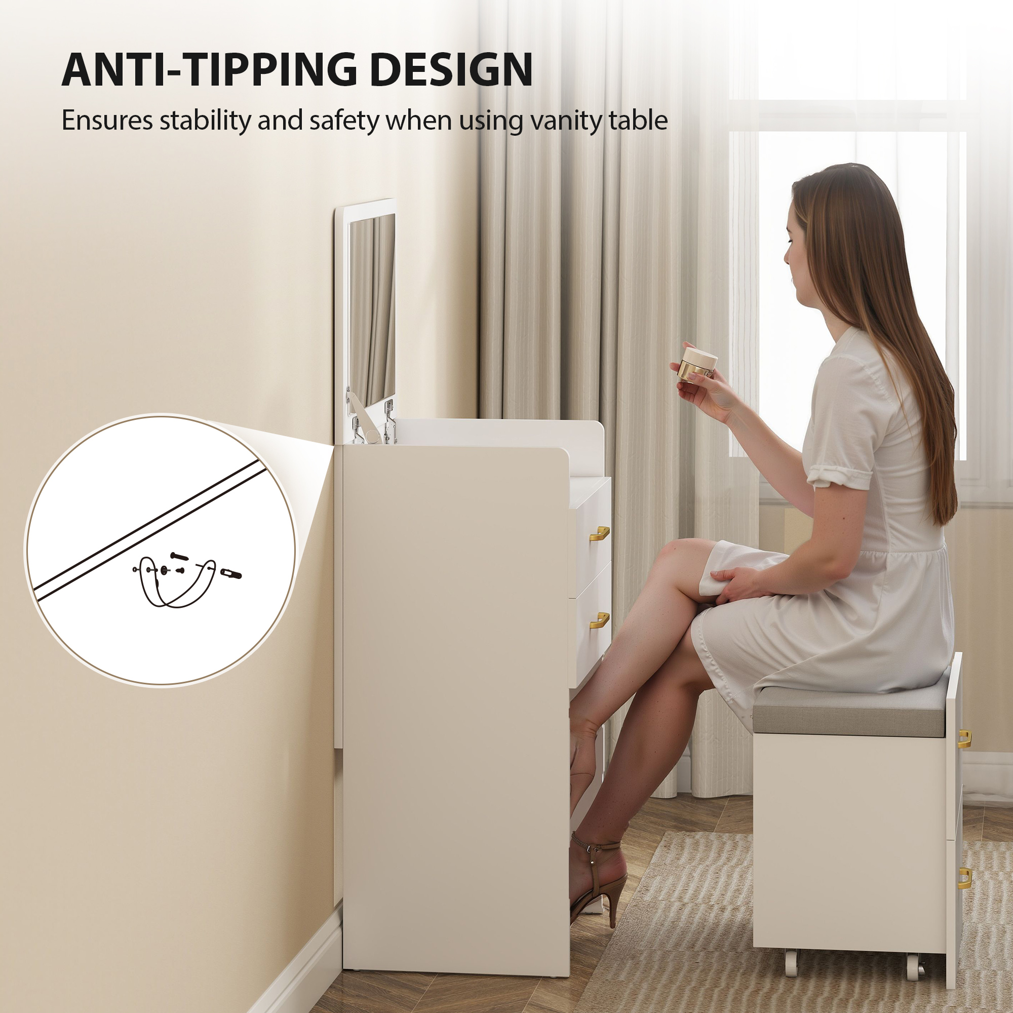 HOMCOM Compact Dressing Table and Stool Set, with Storage - White - Image 7