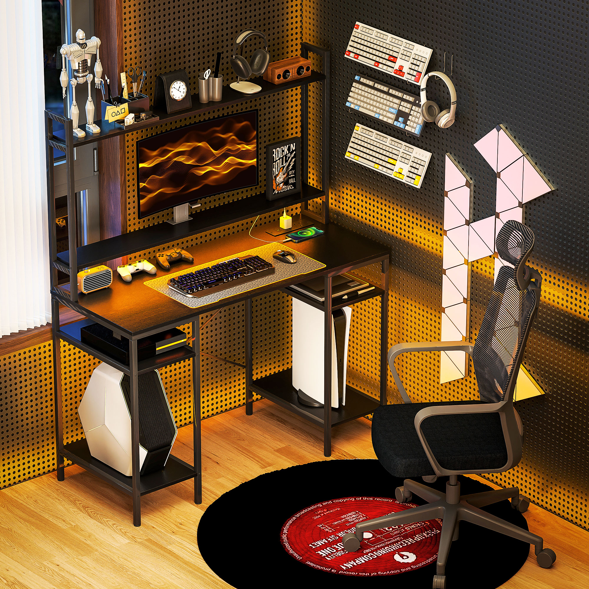 HOMCOM Computer Desk with Power Outlets and LED Lights, Home Office Desk with Monitor Stand, 2 CPU Stands and Storage Shelves, Study Table Gaming Desk with Hutch, Black - Image 2