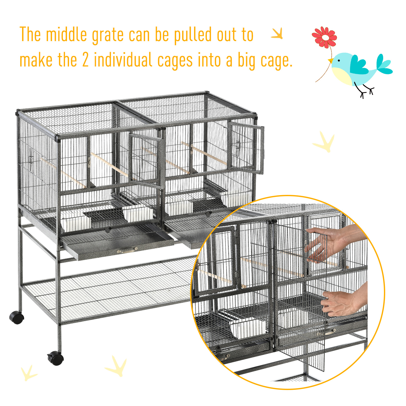 PawHut Large Bird Cage Parrot Cage with Divider, Slide Tray for Finch Canaries Parakeets Cockatiels, 95 x 45.5 x 102 cm - Image 7