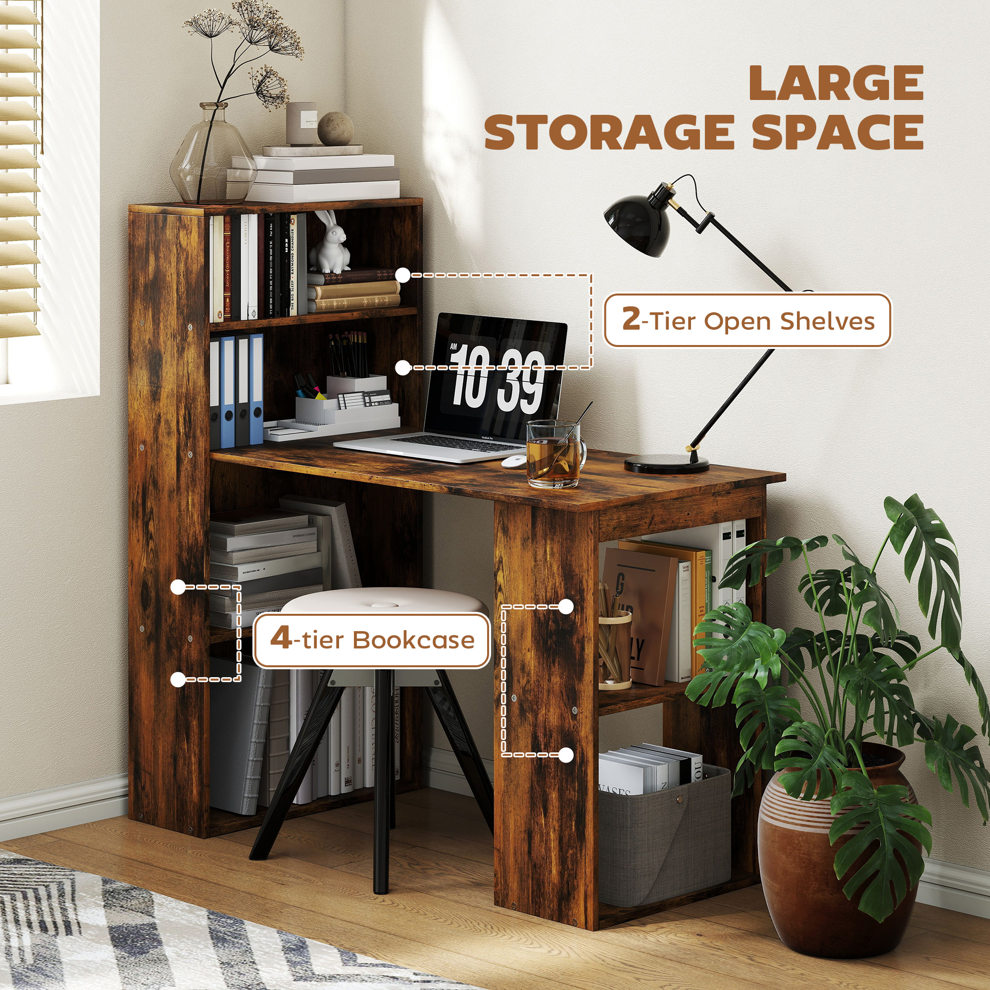 HOMCOM 120cm Computer Desk, Wooden PC Laptop Table with 6-Tier Storage Bookshelves, Home Office Working Study Desk, Writing Workstation, Rustic Brown Wood-Effect - Image 5