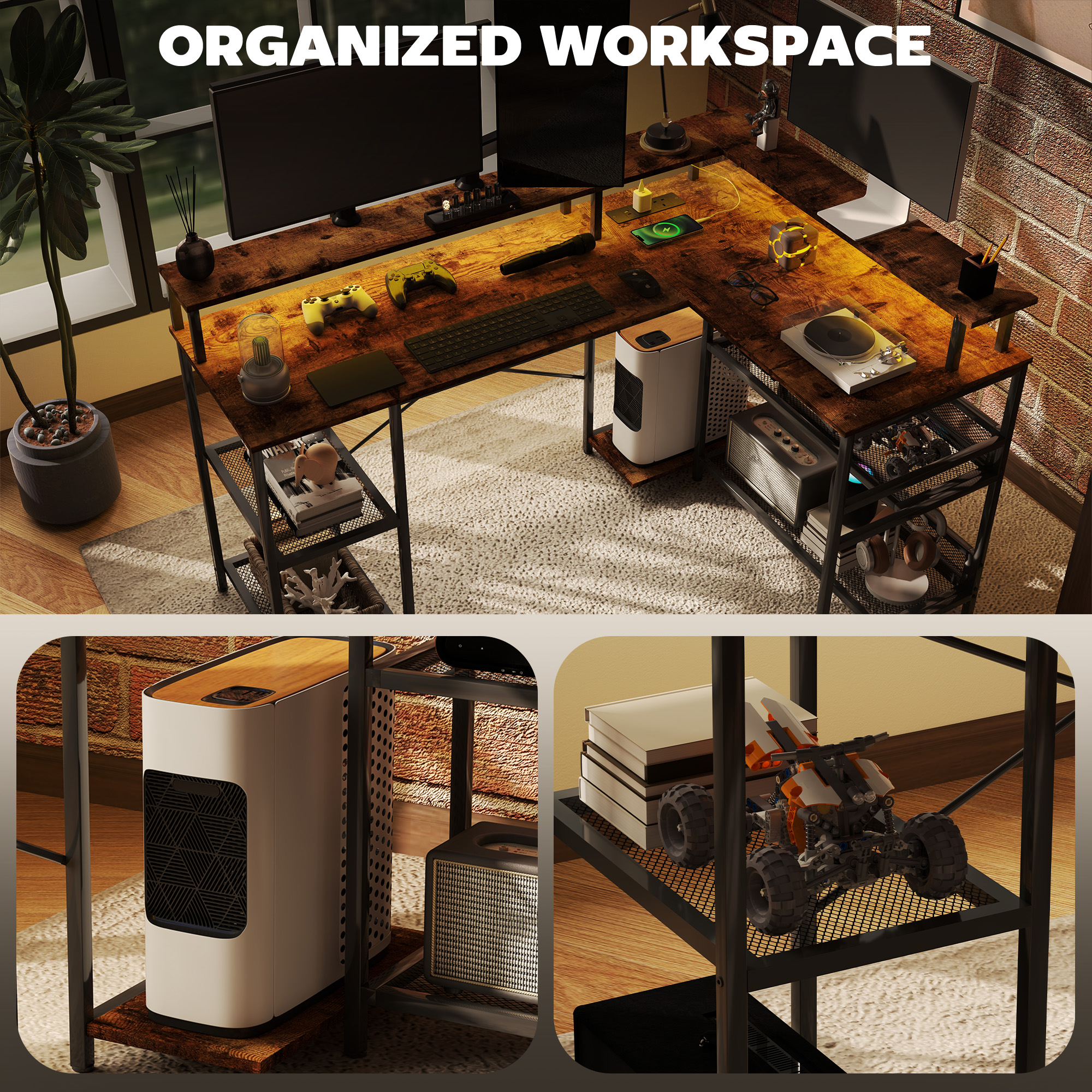 HOMCOM LED Light 'L' Computer Desk, with Shelves - Brown - Image 7