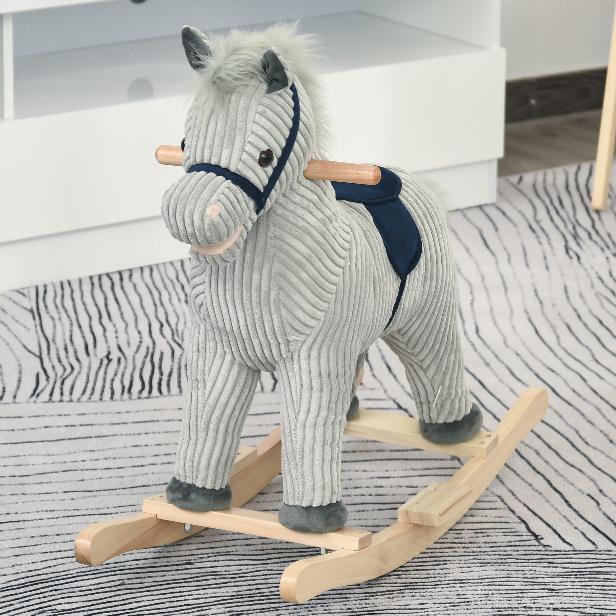 HOMCOM Kids Plush Rocking Horse w/ Sound Children Rocker Ride On Toy Gift 3-6 Years Grey - Image 2