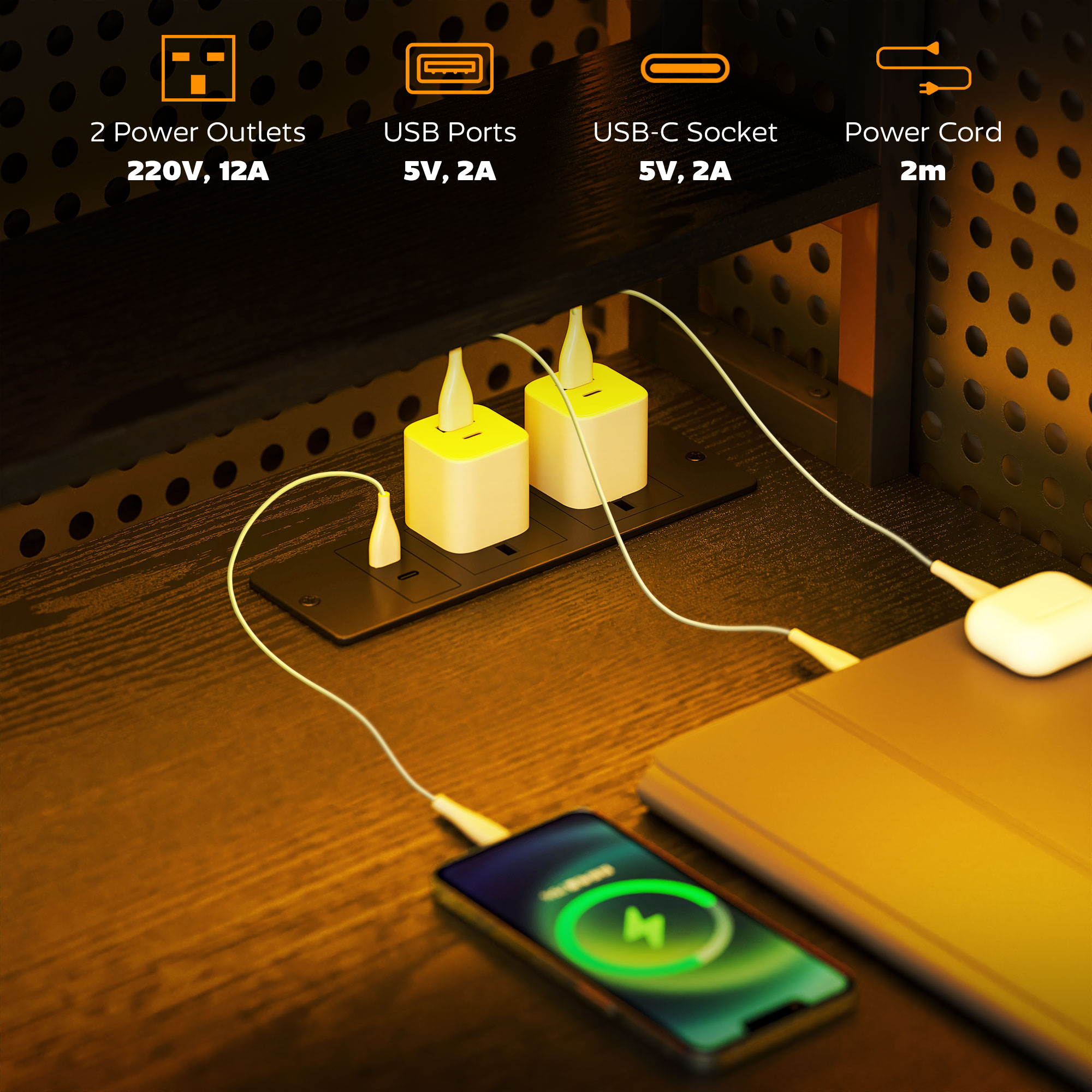 HOMCOM Computer Desk with Power Outlets and LED Lights, Home Office Desk with Monitor Stand, 2 CPU Stands and Storage Shelves, Study Table Gaming Desk with Hutch, Black - Image 4