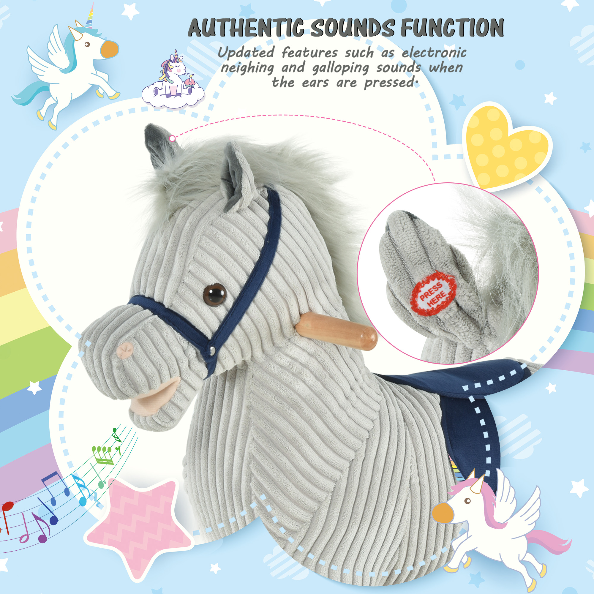 HOMCOM Kids Plush Rocking Horse w/ Sound Children Rocker Ride On Toy Gift 3-6 Years Grey - Image 5
