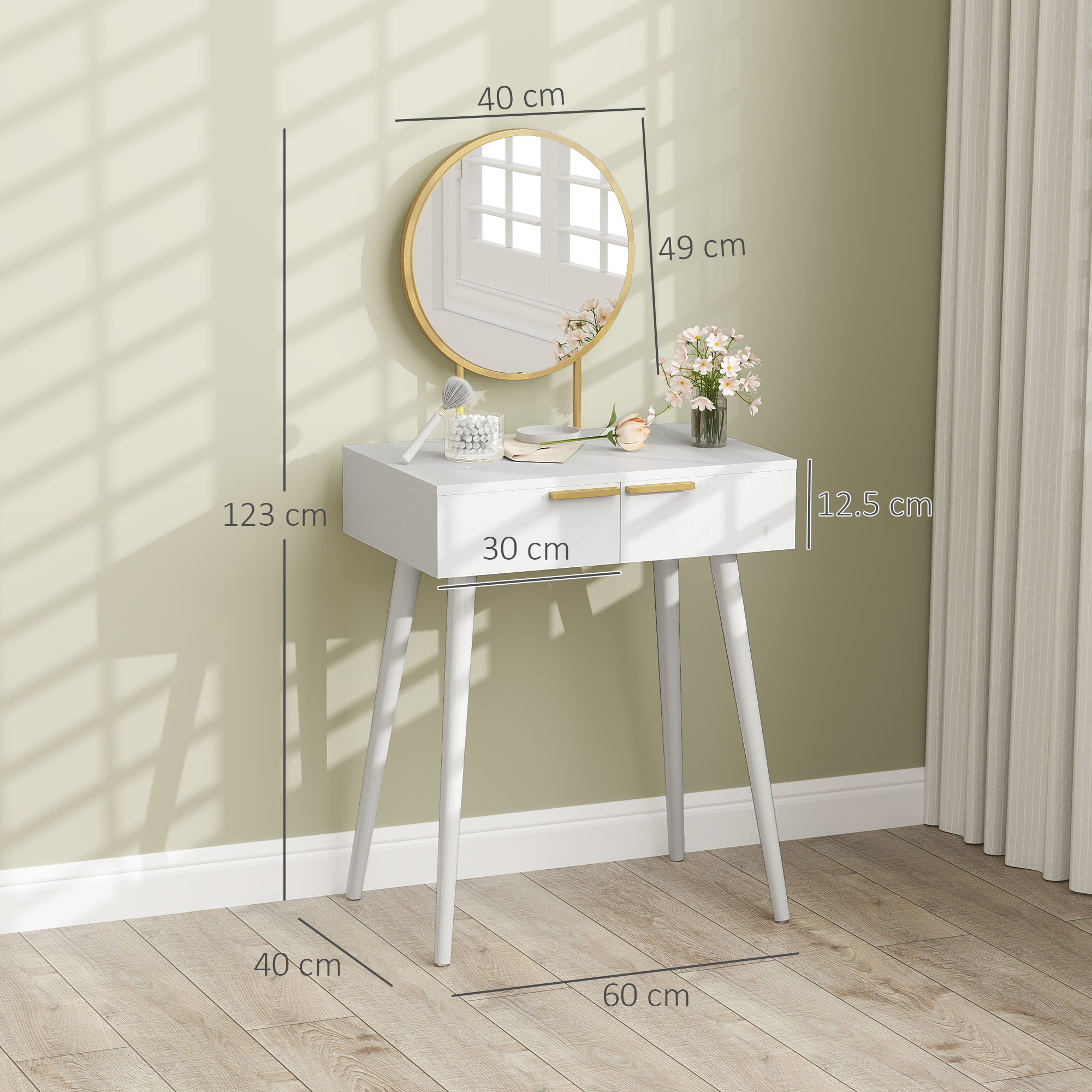 HOMCOM Elegant Dressing Table, with Round Mirror, 60 x 40 x 123 cm - White - Image 3