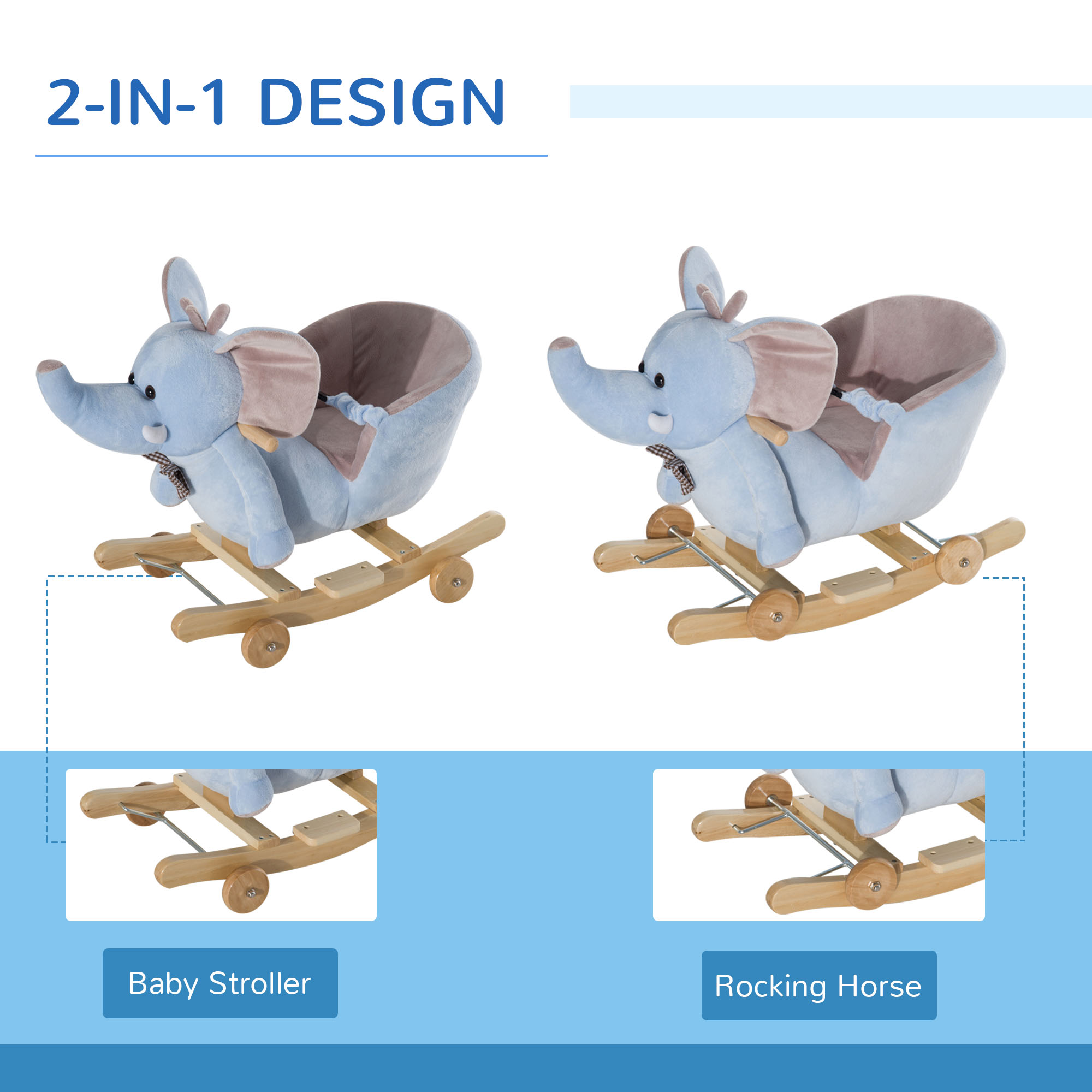 HOMCOM 2 In 1 Plush Baby Ride on Rocking Horse Elephant Rocker with Wheels Wooden Toy for Kids 32 Songs for 18+ Months (Blue) - Image 5