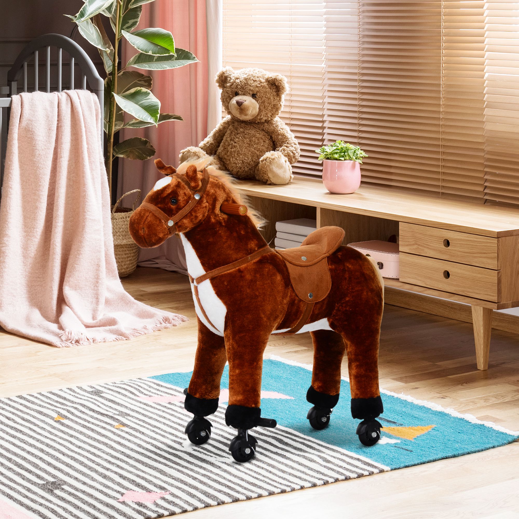 HOMCOM Plush Walking Horse Ride On Toy with Wheels and Realistic Sounds Rocking Horse for Girls Boys 2+ Years Old, 50cm Tall, Brown - Image 2
