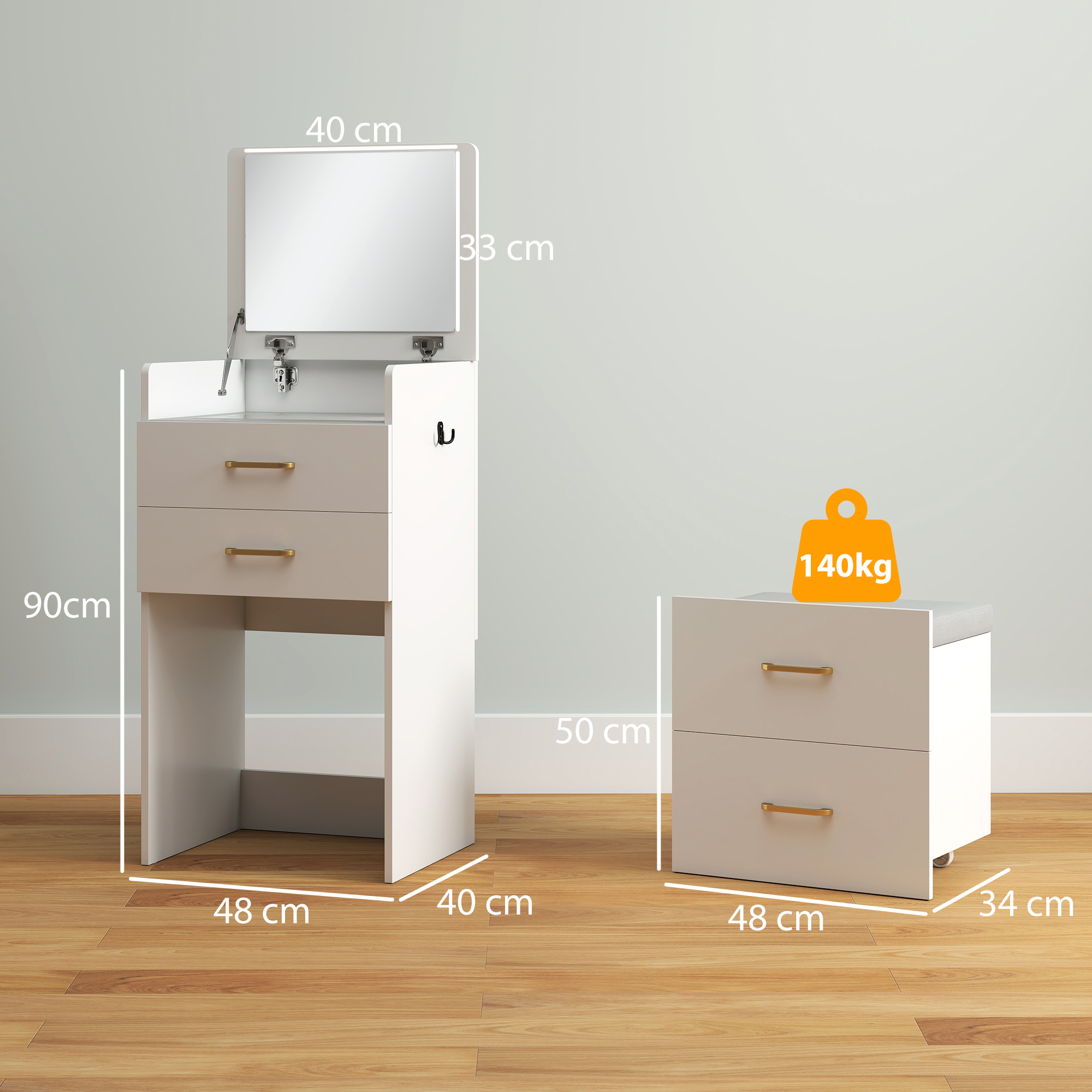 HOMCOM Compact Dressing Table and Stool Set, with Storage - White - Image 3