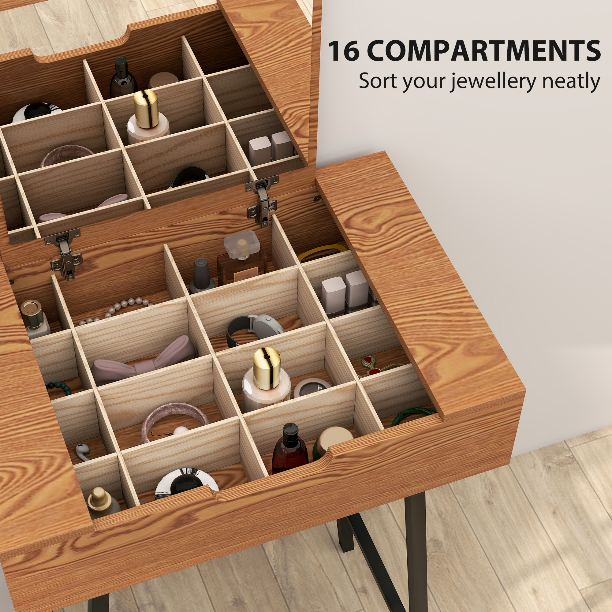 HOMCOM Vanity Desk with Flip-Up Mirror, Industrial Dressing Table with 16 Small Compartments for Bedroom, Natural Wood Effect - Image 5