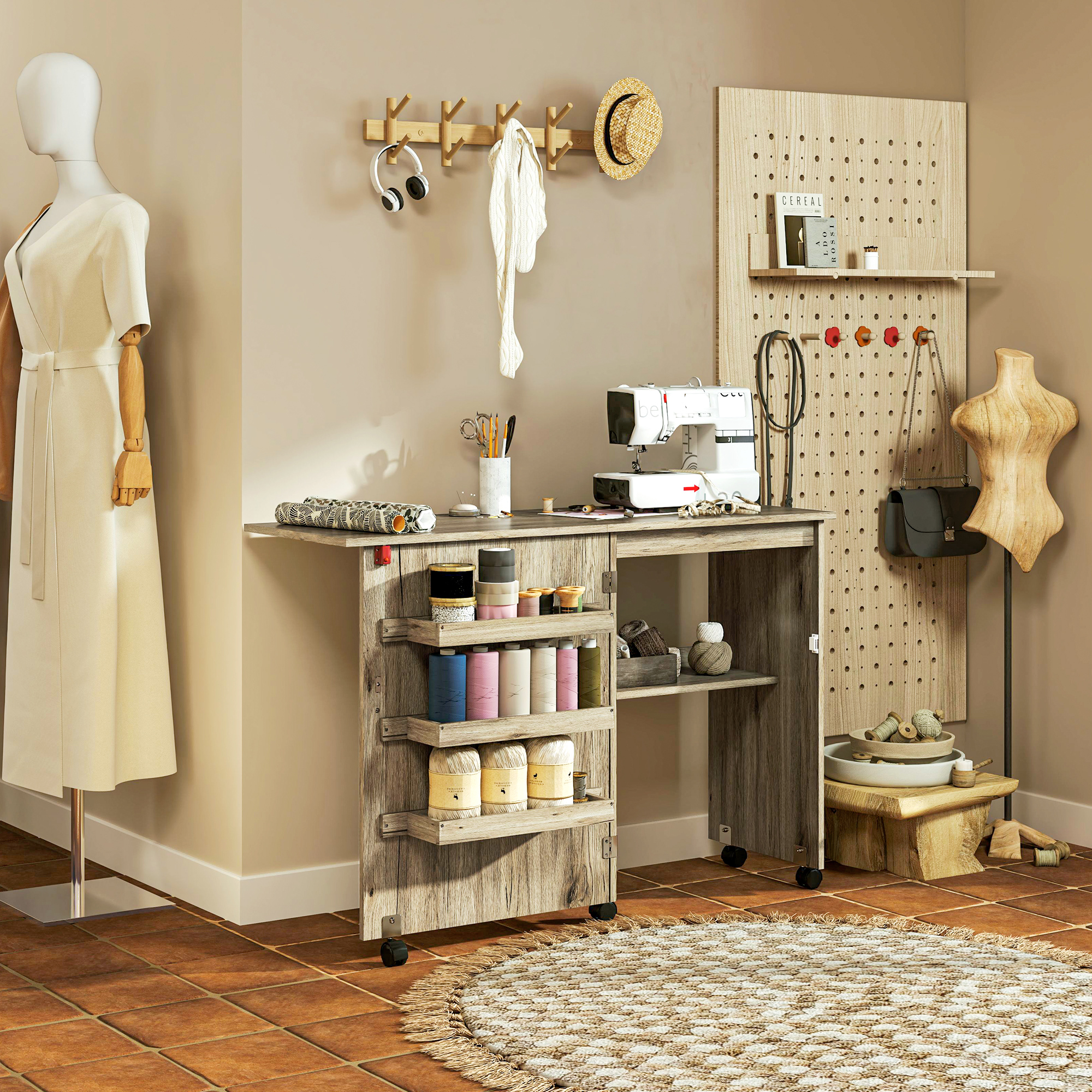 HOMCOM Folding Sewing Table, Drop Leaf Craft Table with Storage Bins, Open Shelf and Wheels, Rolling Sewing Machine Cabinet Computer Desk for Small Space, Grey - Image 2