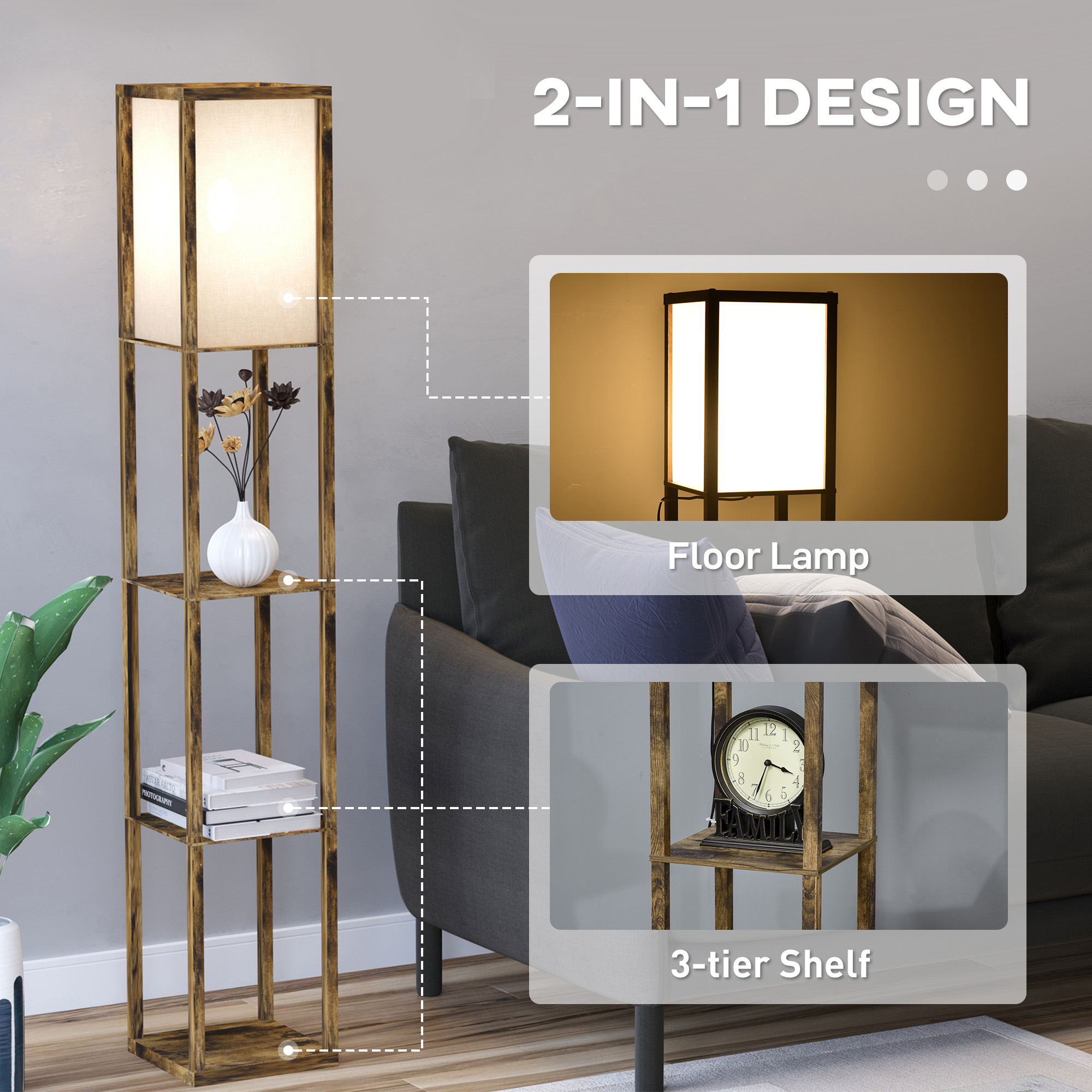 HOMCOM 3-Tier Floor Lamp, Floor Light with Storage Shelf, Reading Standing Lamp with Acrylic Shade for Living Room, Bedroom, Kitchen, Dining Room, Office, Dorm, 160cm, Brown - Image 4